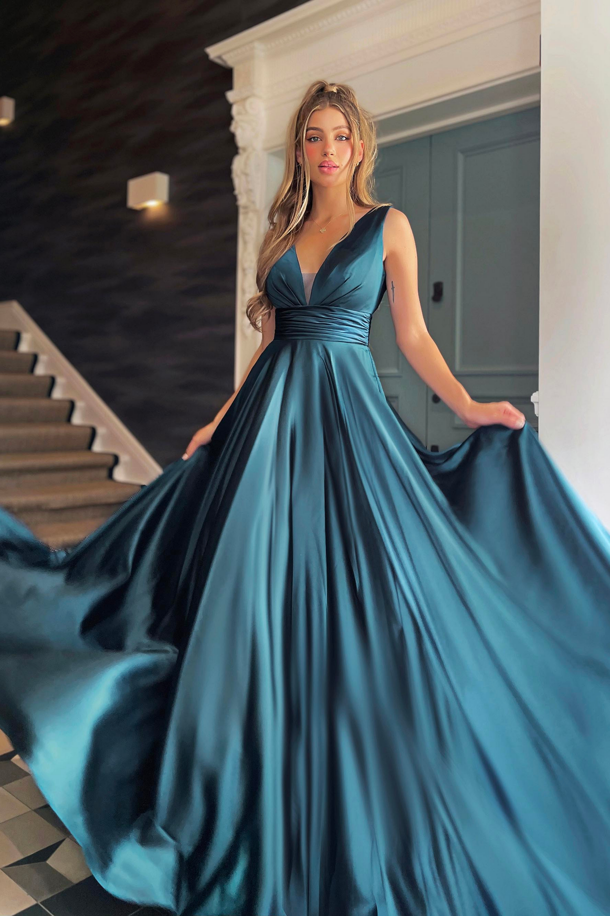 Nicoletta a-line formal dress in teal satin