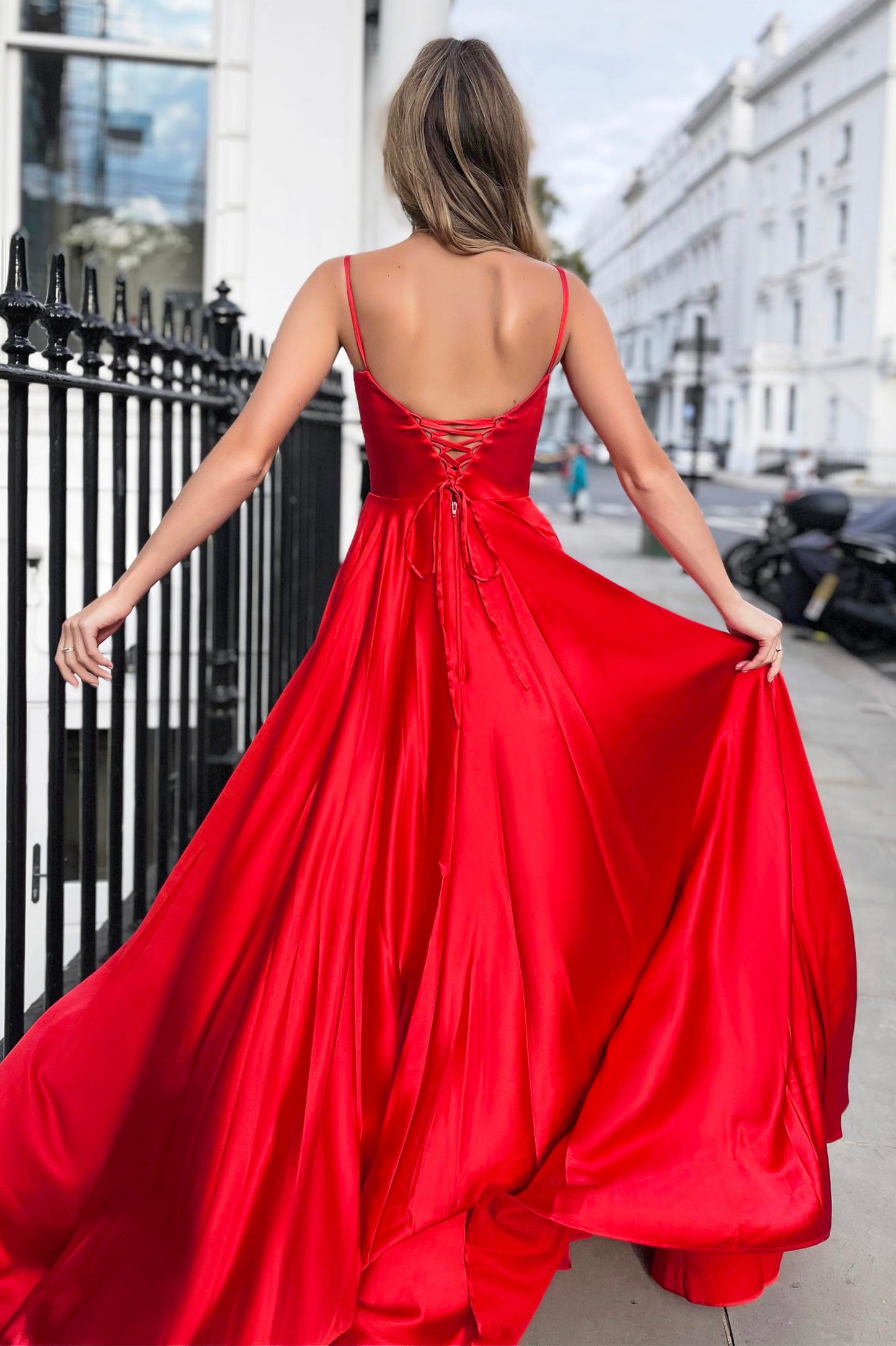 Nicoletta a-line formal dress in red satin