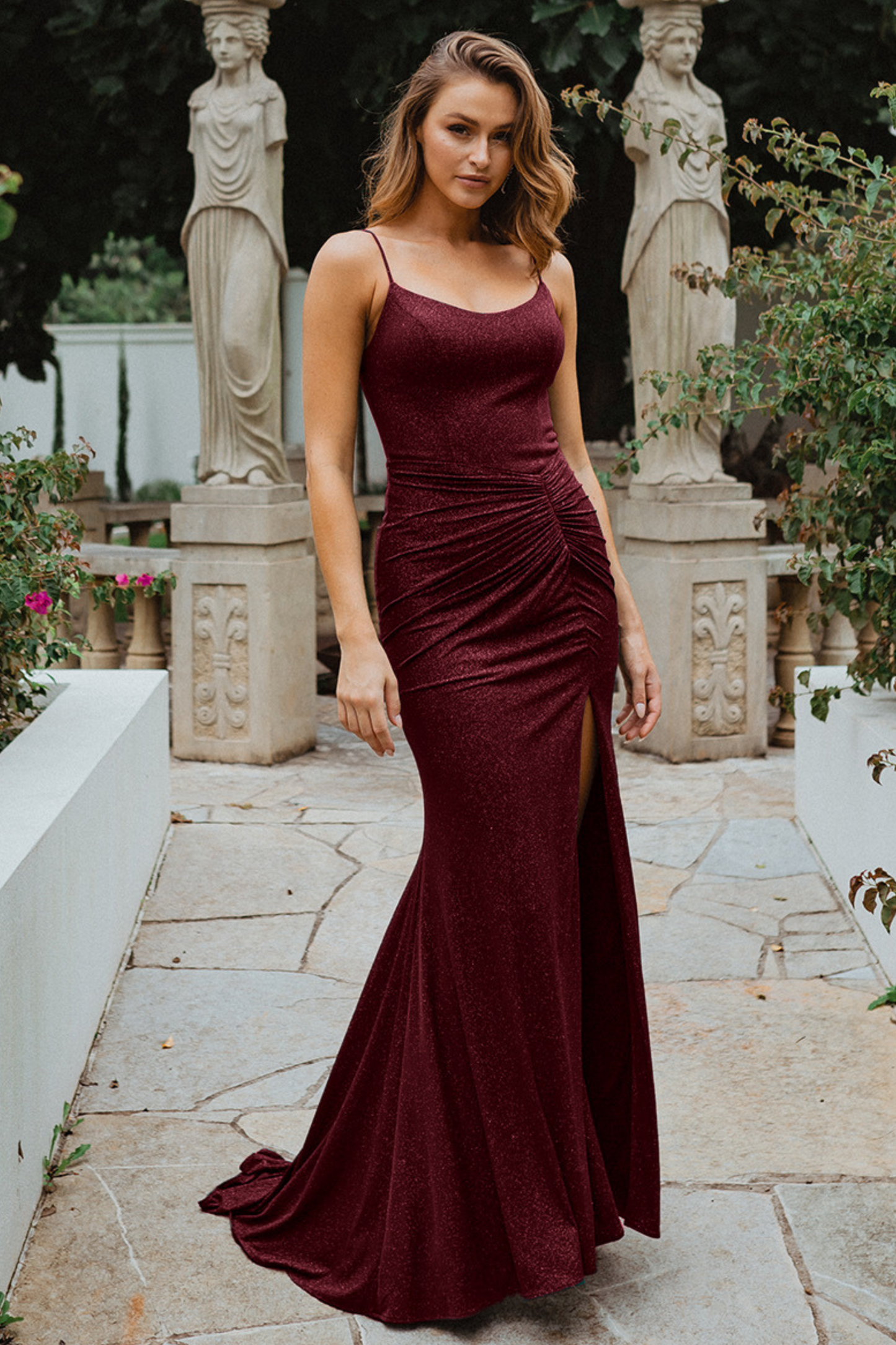 Tania Olsen slim fit formal dress in wine glitter jersey