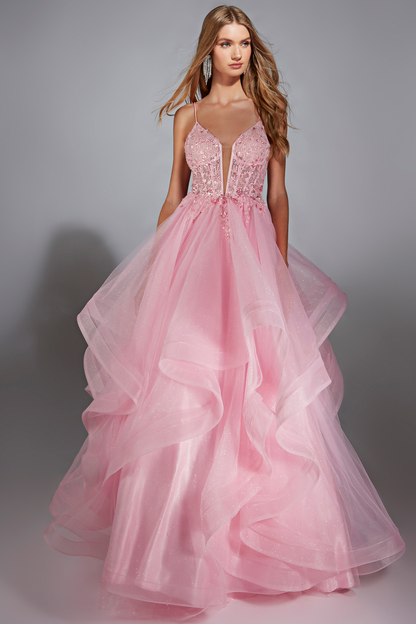 Pink evening gown with intricate detailing on a gray background