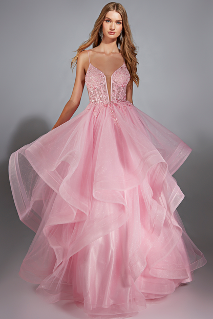 Pink evening gown/formal dress with lace bodice on a gray background