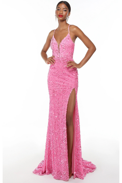 Alyce Paris 61254 formal dress in bubblegum pink velour sequin