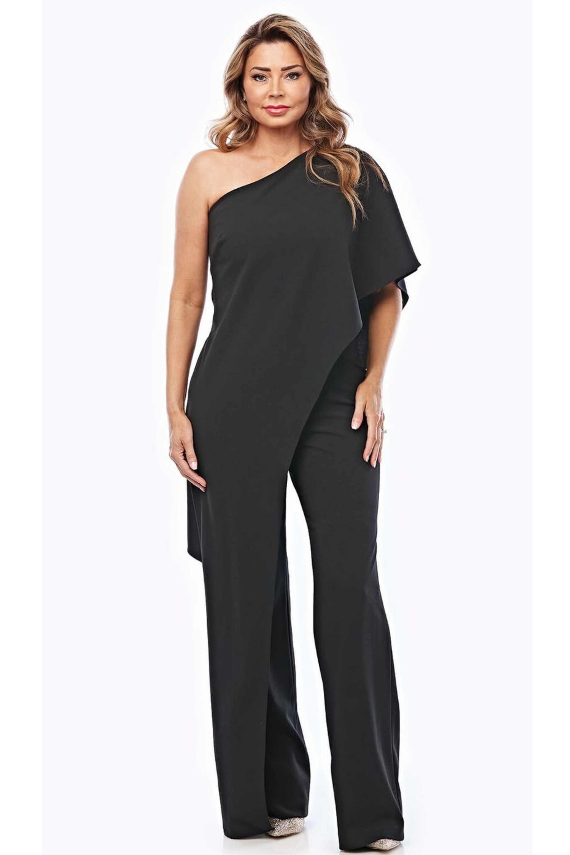 Jesse Harper black crepe one shoulder pantsuit