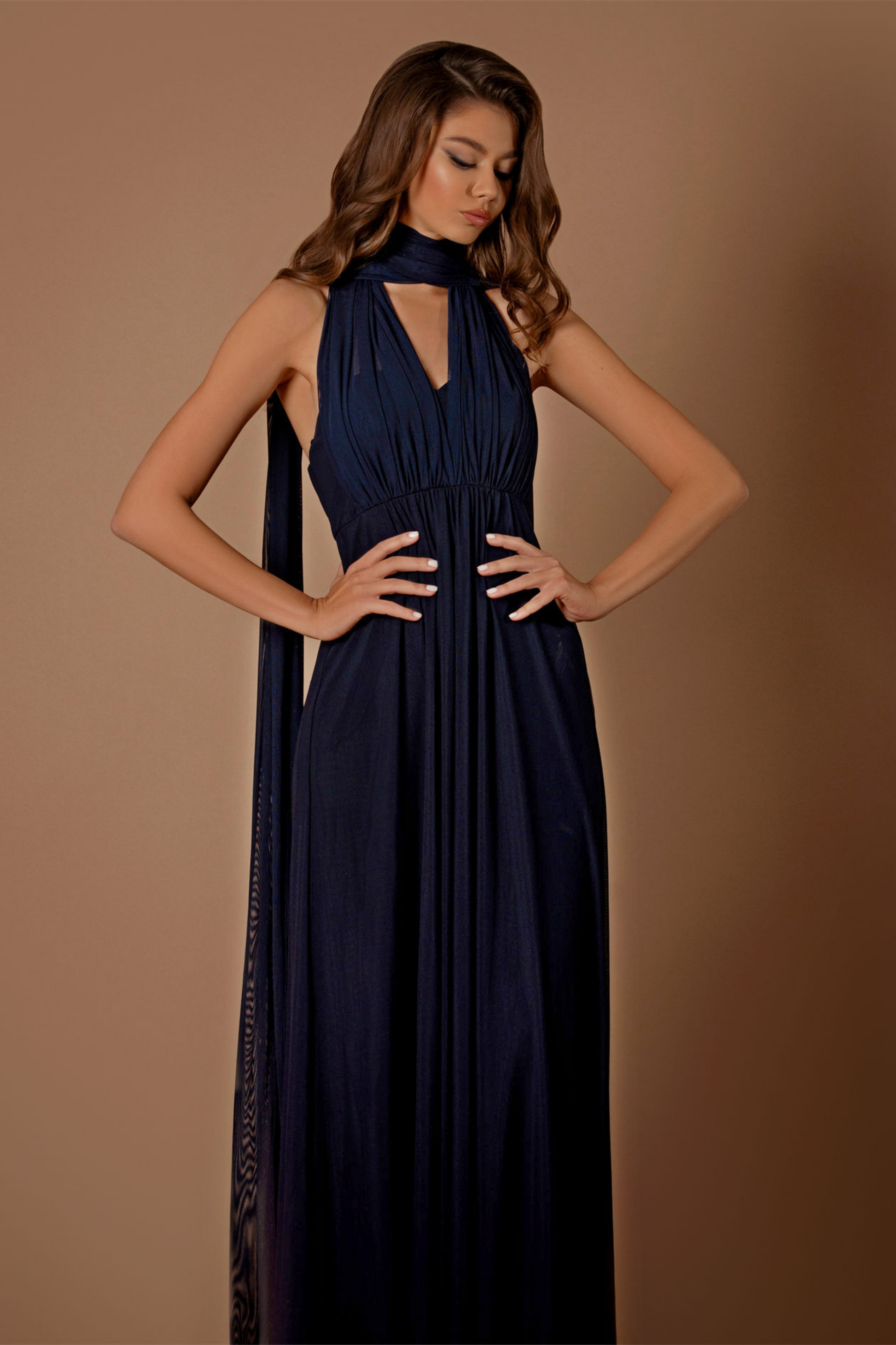 Nicoletta a-line multi way dress in navy lycra mesh