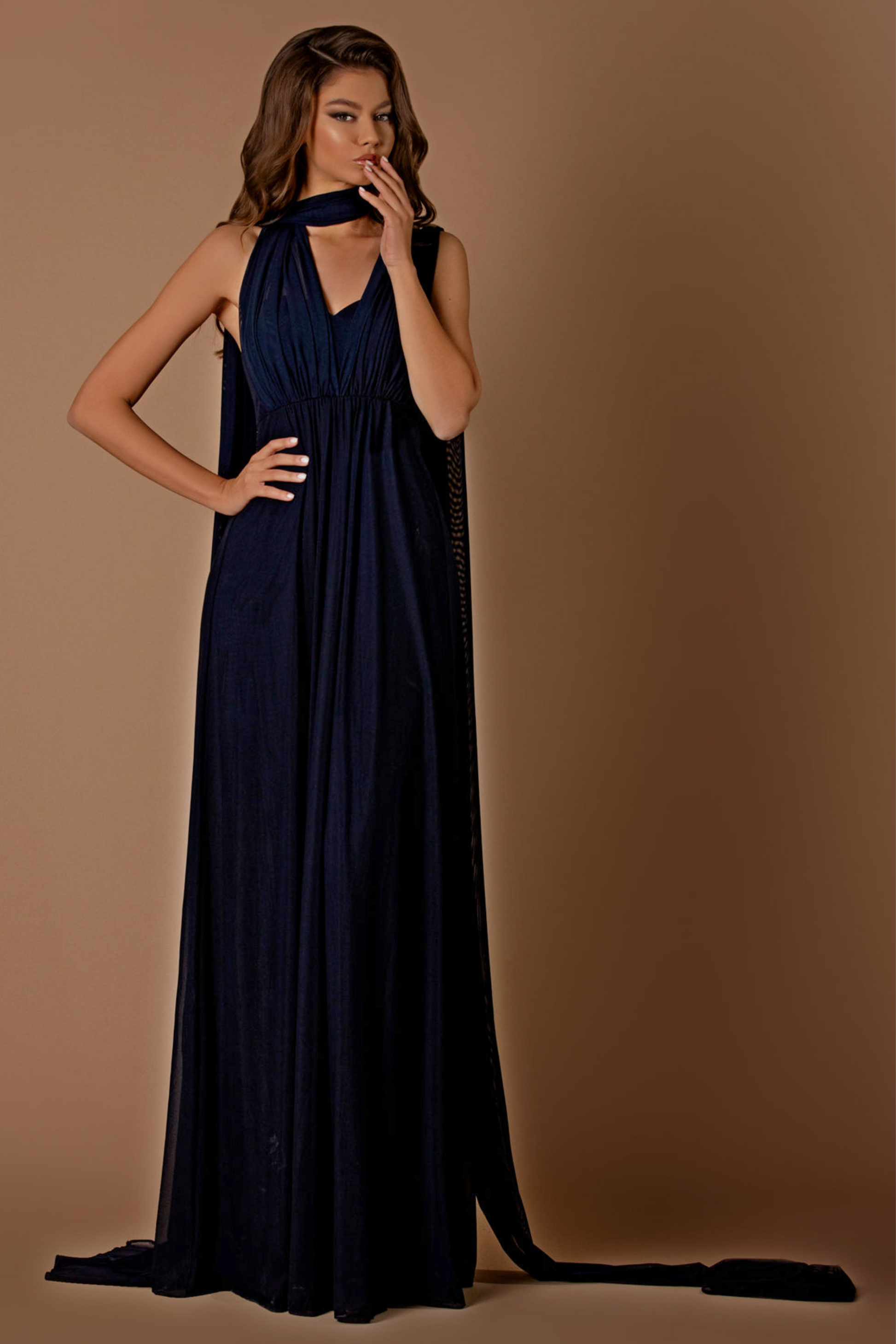 Nicoletta slim fit midi dress in navy lycra mesh