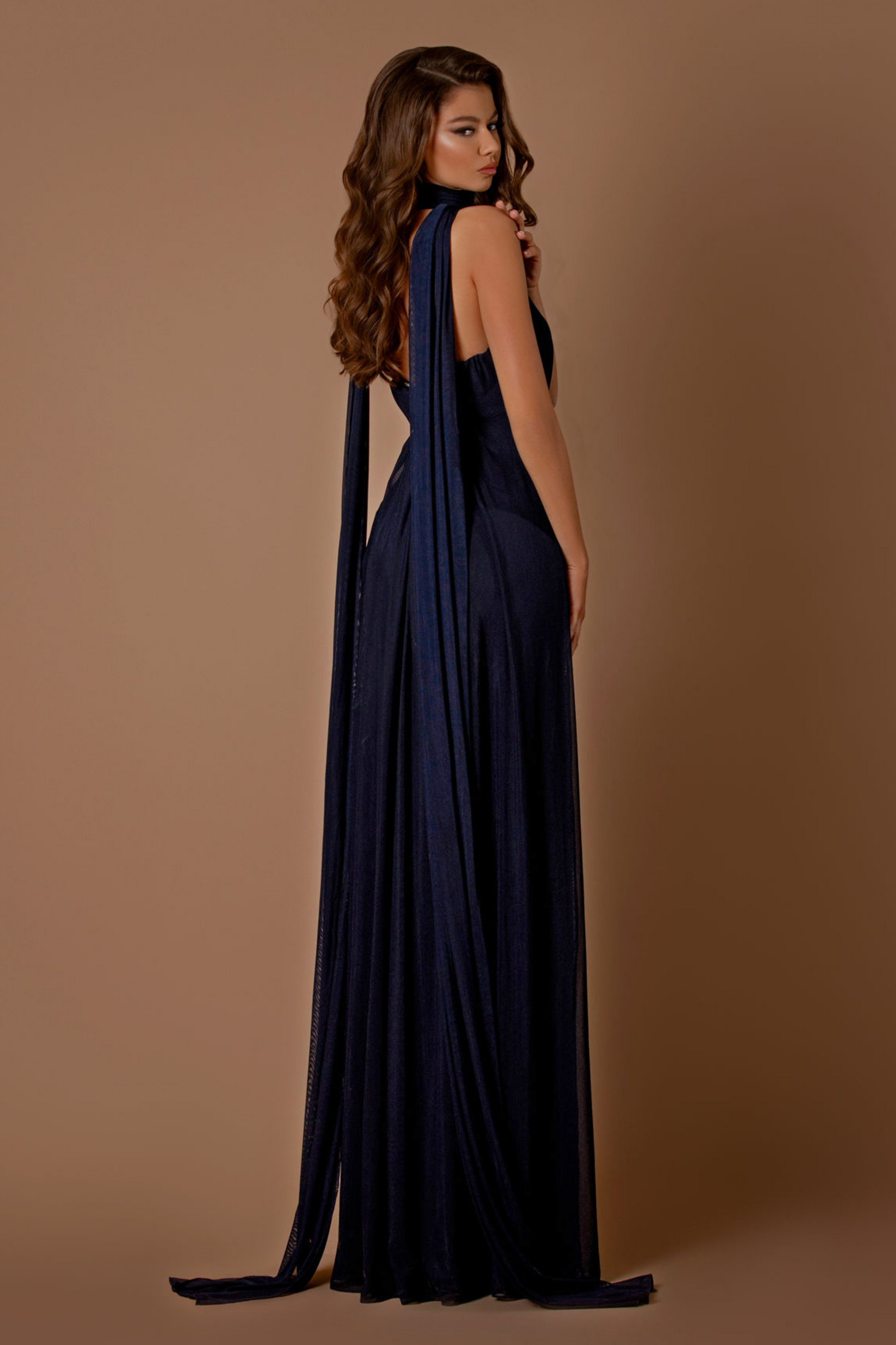Nicoletta a-line multi way dress in navy lycra mesh
