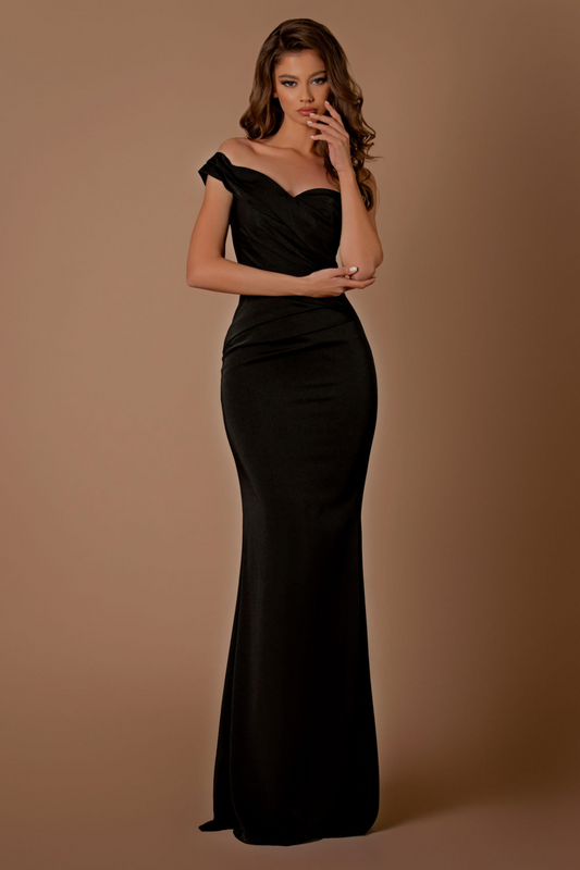 Nicoletta slim fit formal dress in black soft suiting 