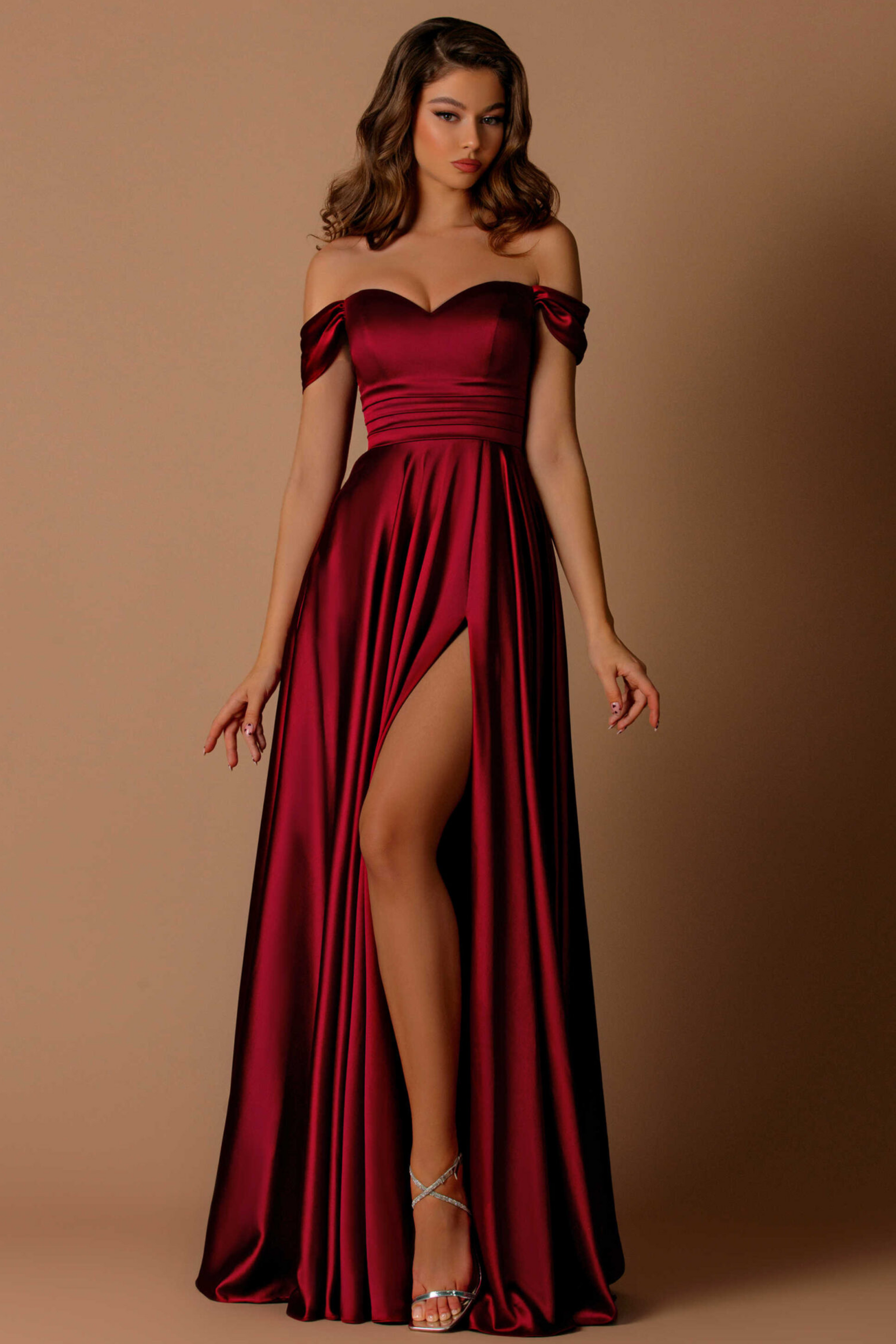 Nicoletta a-line formal dress in wine satin
