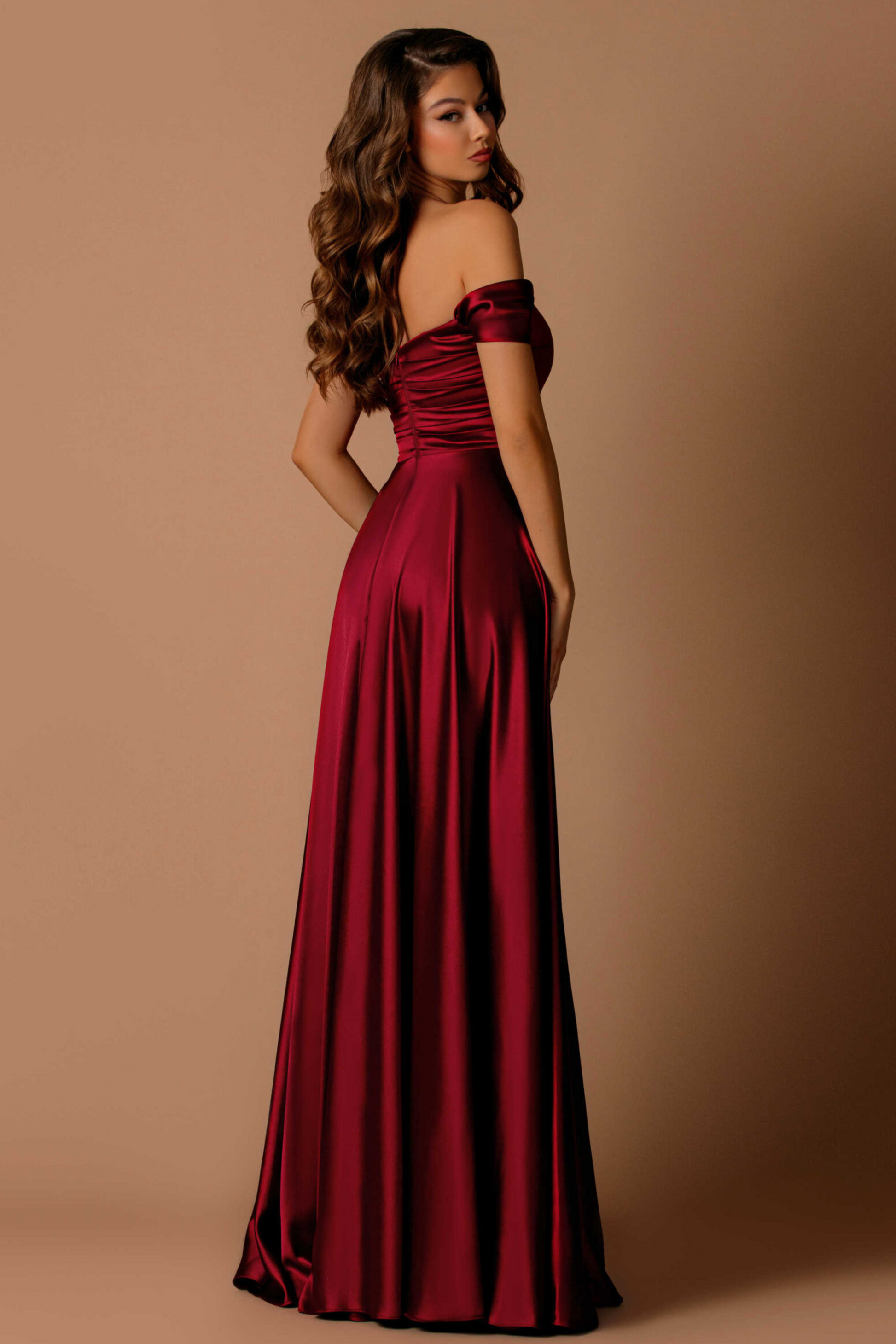 Nicoletta a-line formal dress in wine satin