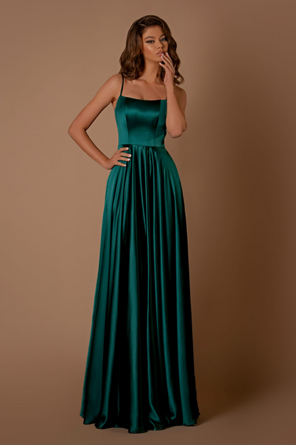 Nicoletta a-line formal dress in bottle green satin