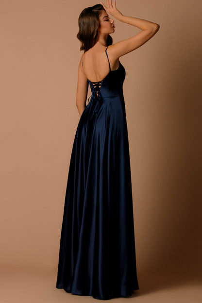 Nicoletta a-line formal dress in midnight satin