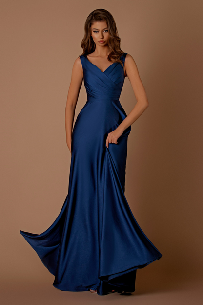Nicoletta a-line formal dress in indigo soft suiting