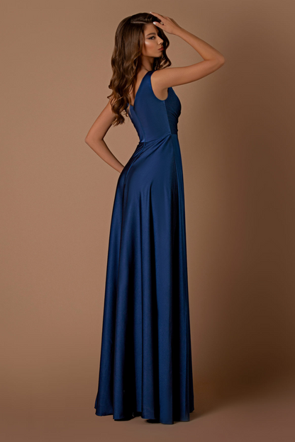 Nicoletta a-line formal dress in indigo soft suiting