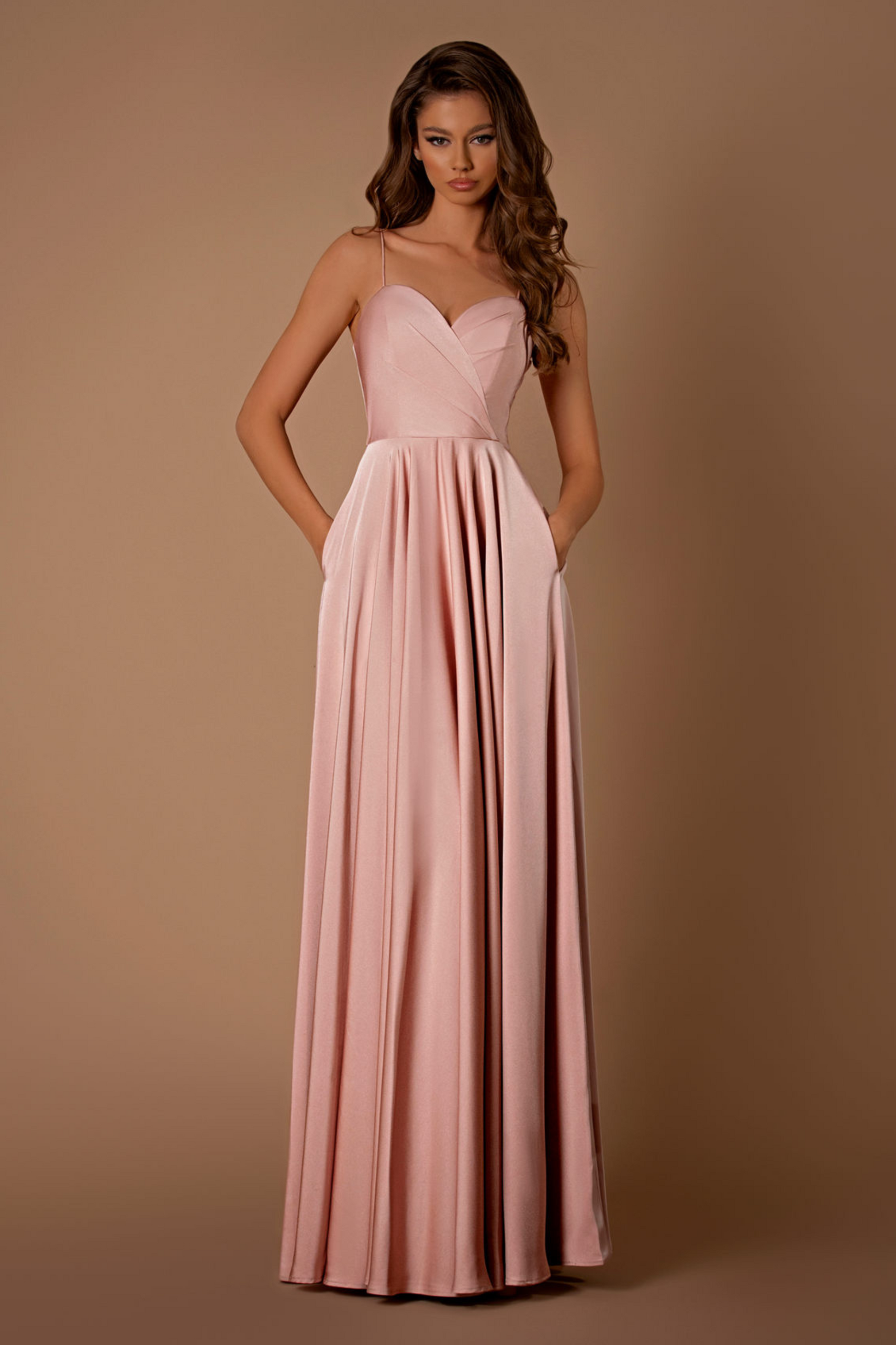 Nicoletta a-line formal dress in dusty pink soft suiting
