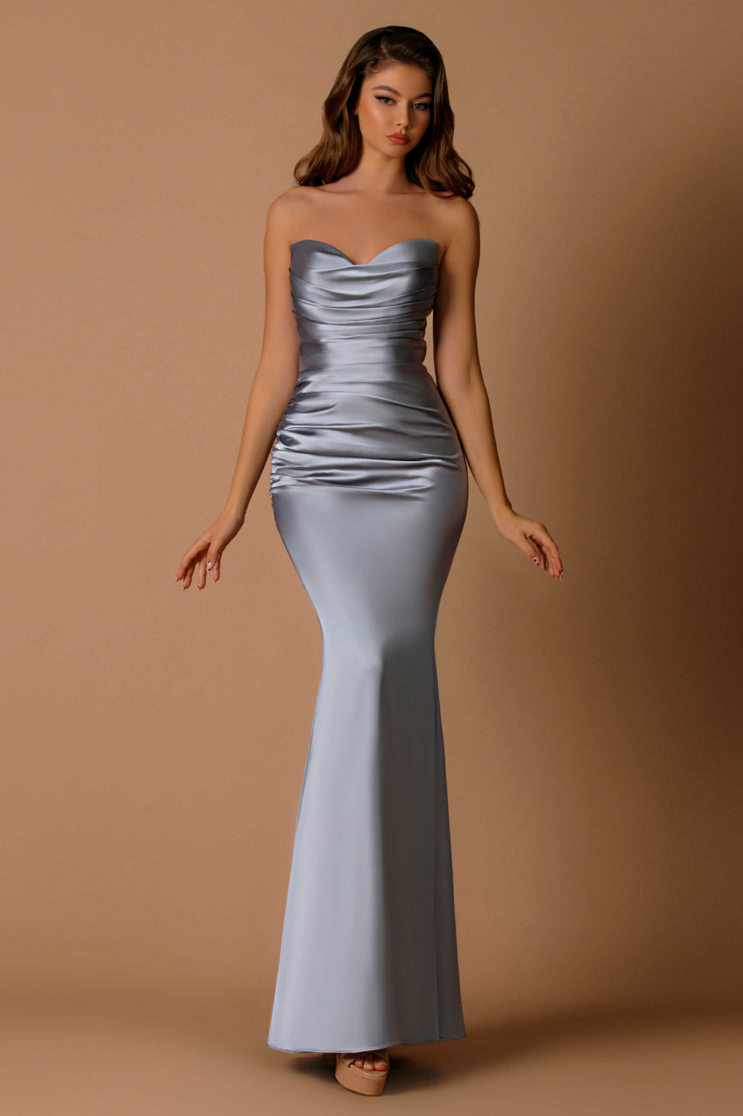 Nicoletta slim fit midi bridesmaids dress in iron satin