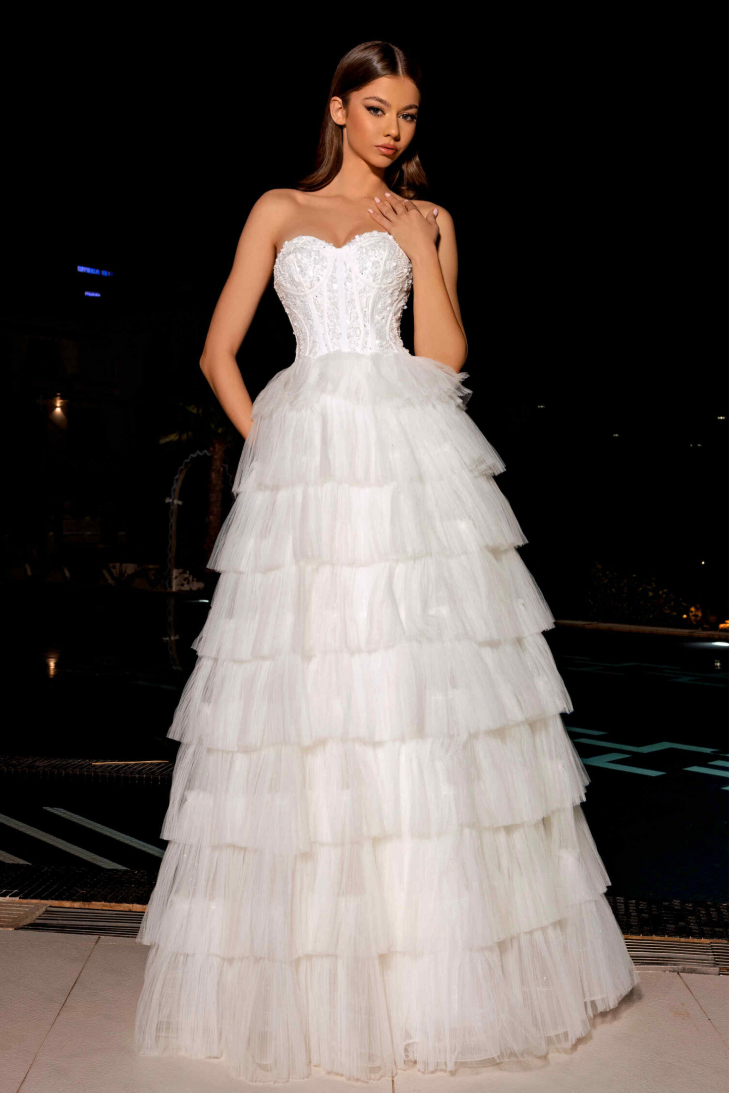 Nicoletta ballgown formal dress in ivory tulle and beaded bodice
