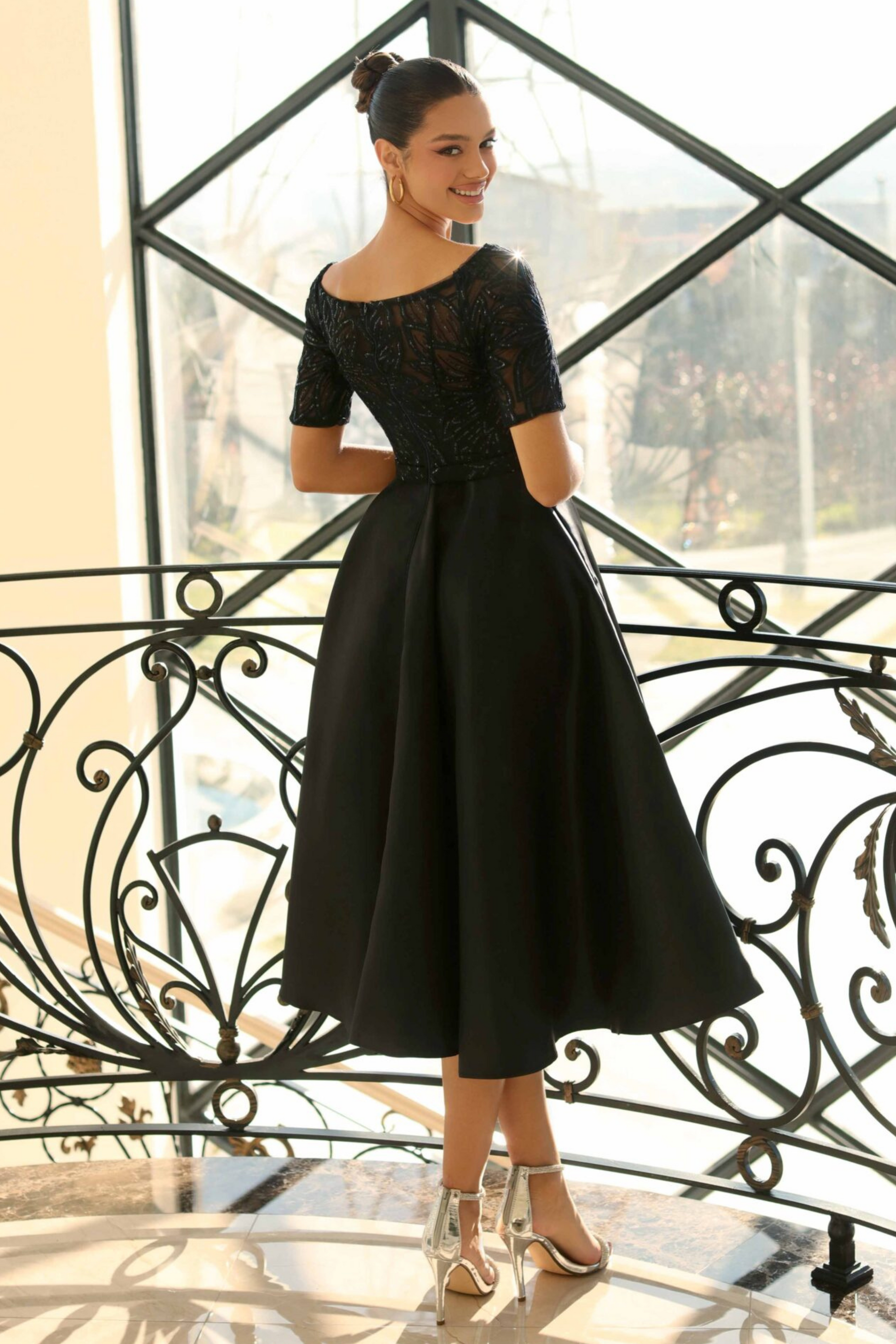 Nicoletta a-line midi dress in black mikado and lace 