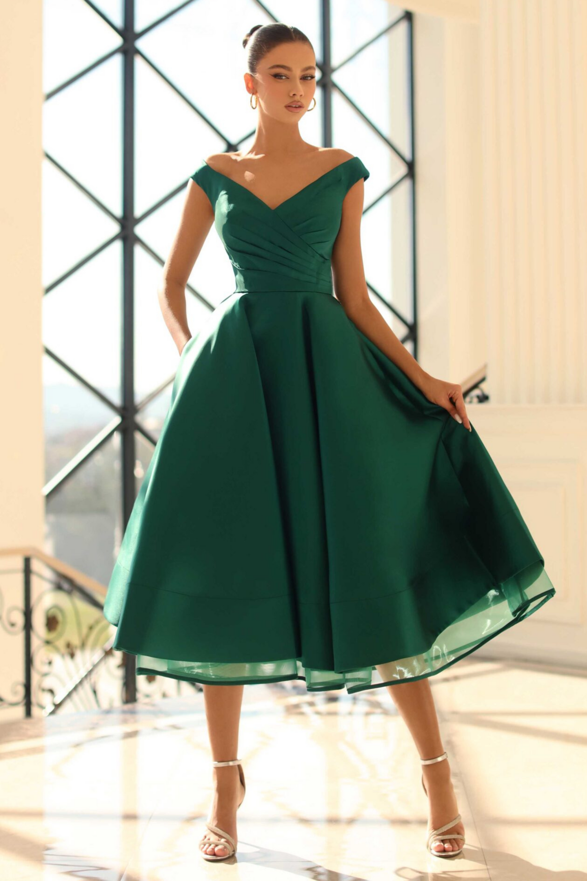Nicoletta a-line midi dress in emerald mikado