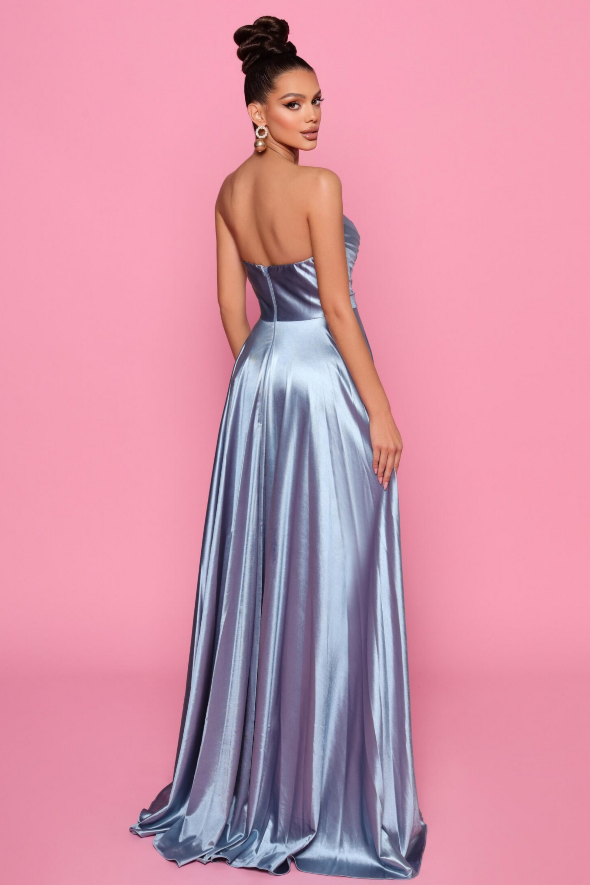 Nicoletta a-line formal dress in cadet blue stretch satin 