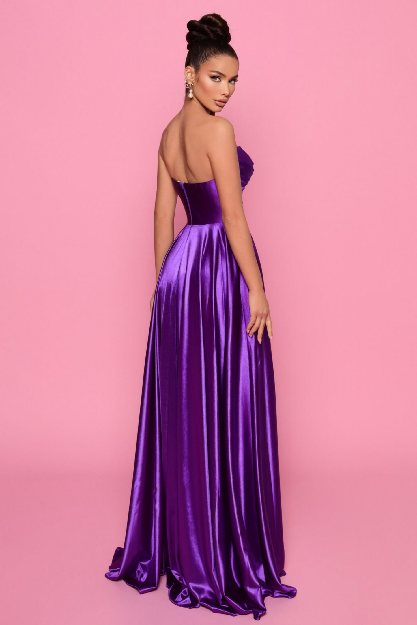 Nicoletta a-line formal dress in purple stretch satin 