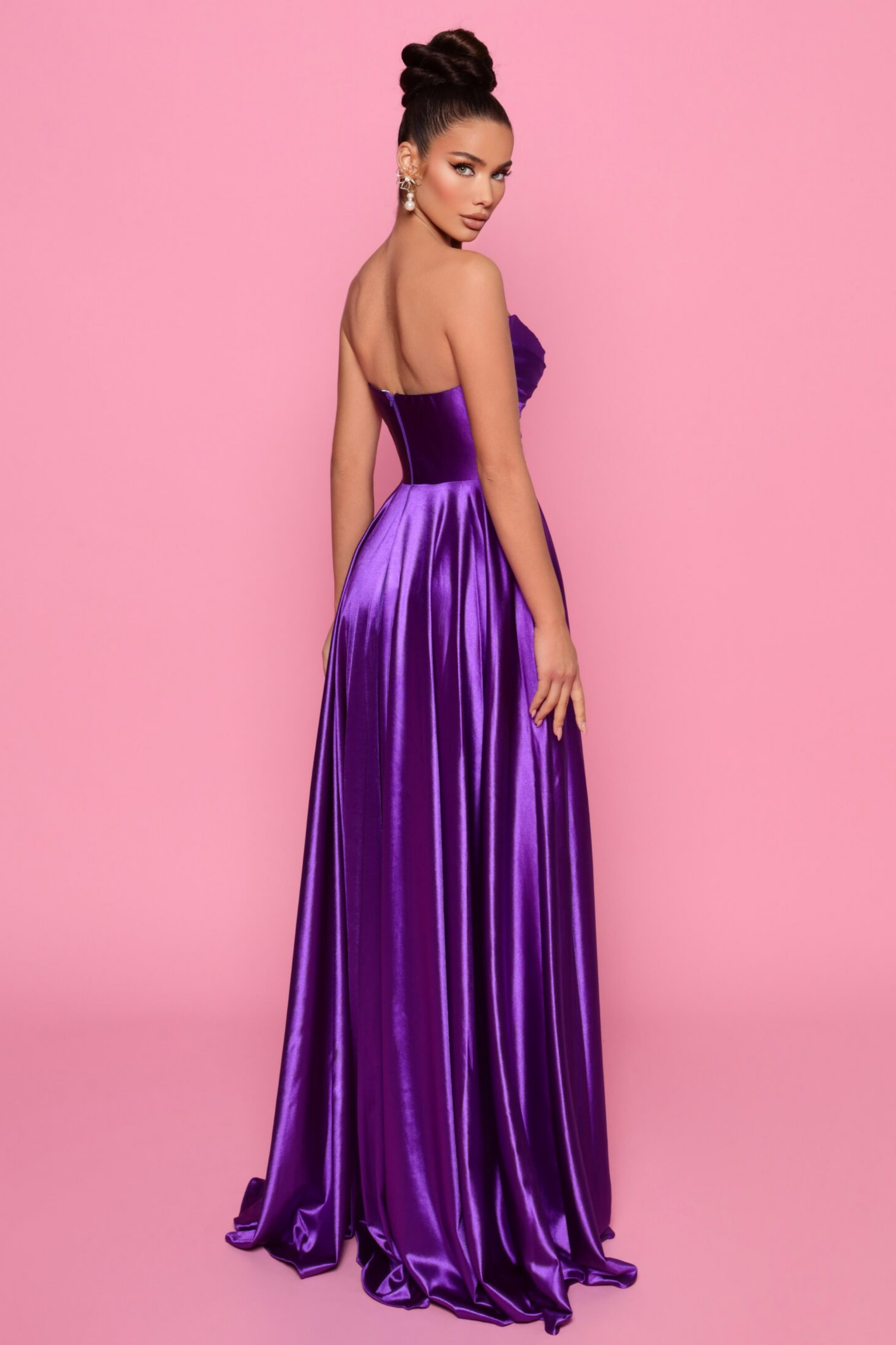 Nicoletta a-line formal dress in purple stretch satin 