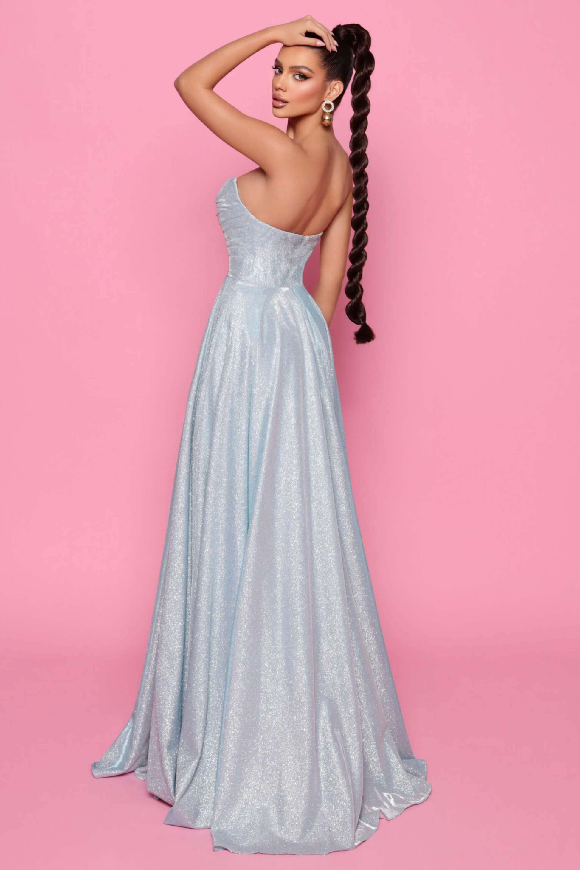Nicoletta a-line formal dress in baby blue glitter lurex 