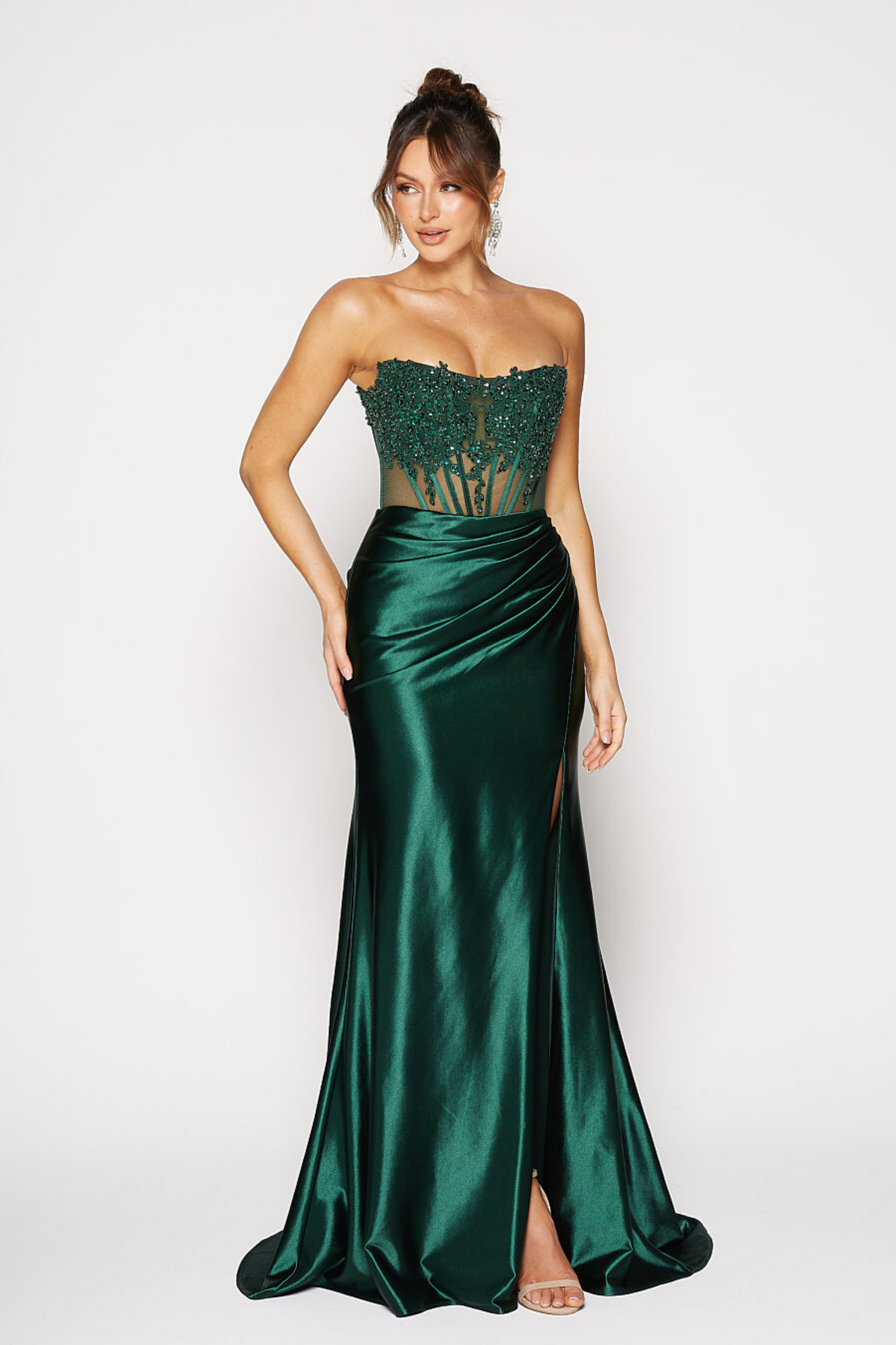 Tania Olsen slim fit formal dress in emerald stretch satin