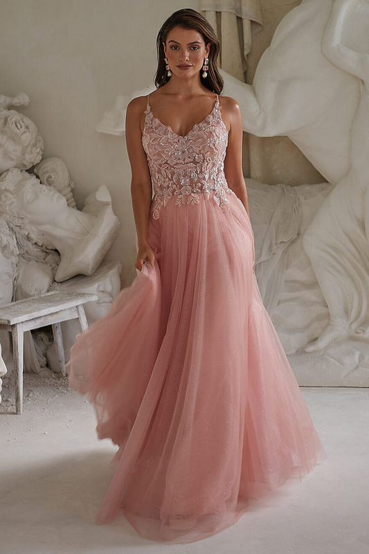 Tania Olsen a-line formal dress in blush with beaded bodice and glitter tulle