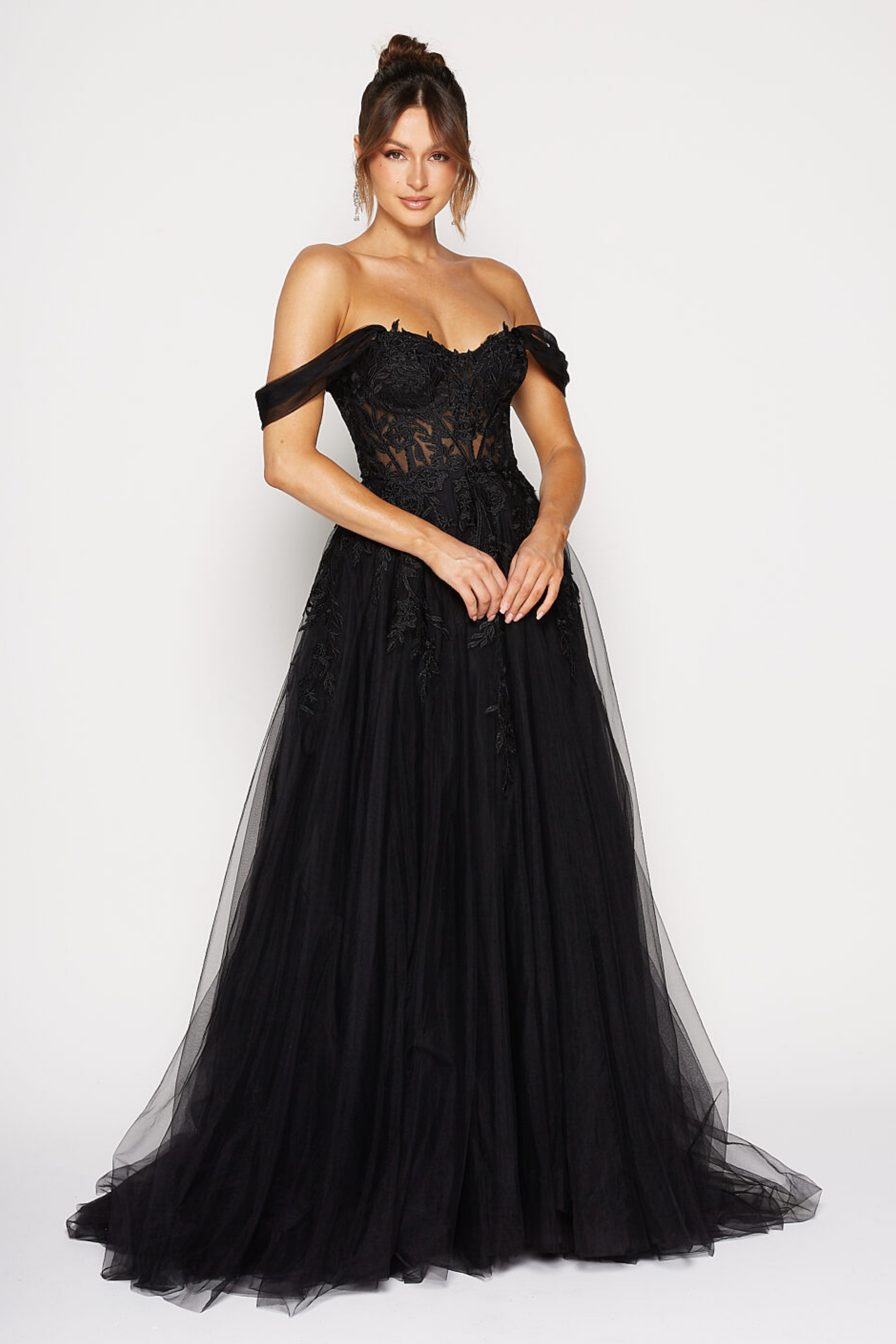 Tania Olsen a- line formal dress in black tulle and lace ballgown