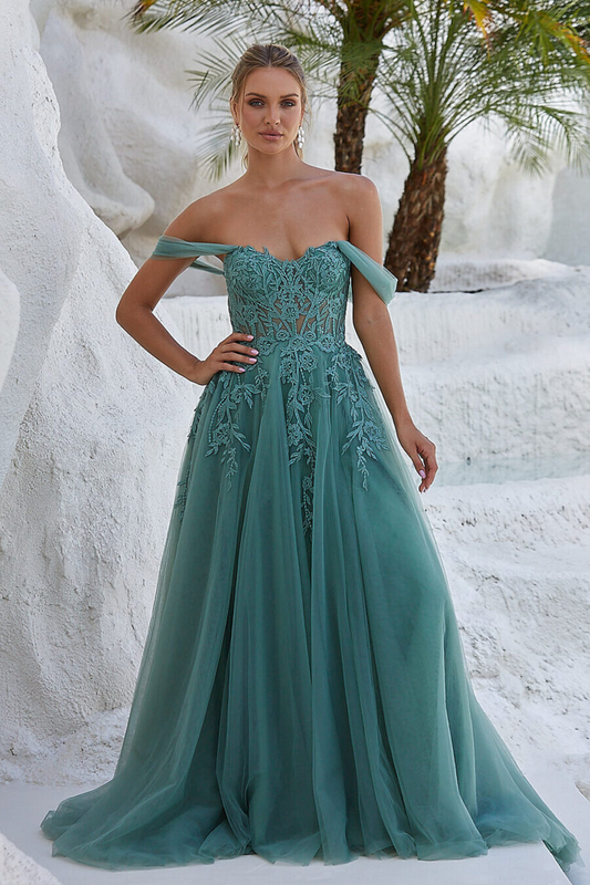 Tania Olsen a- line formal dress in sage tulle and lace ballgown