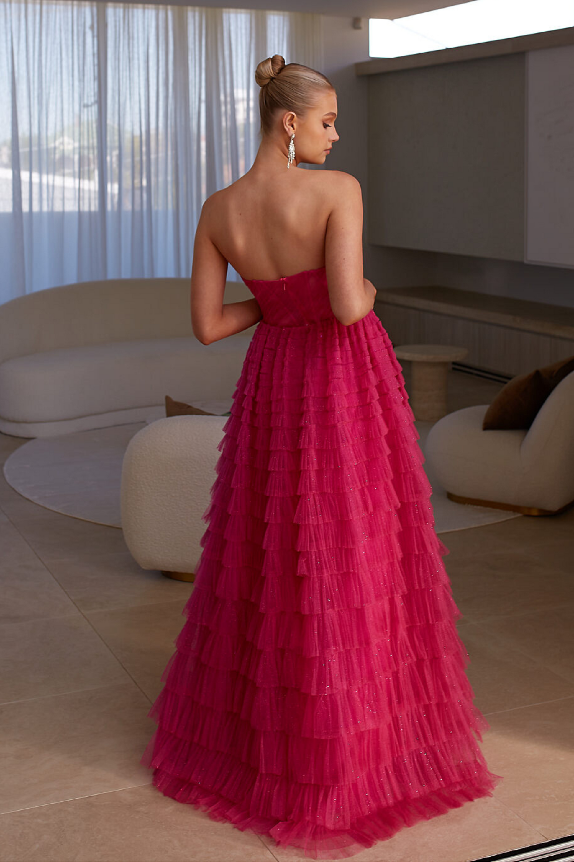 Tania Olsen a-line formal dress in hot pink glitter tulle
