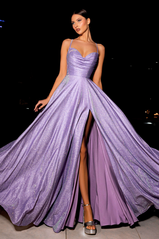 Nicoletta a-line formal dress in violet glitter lurex 