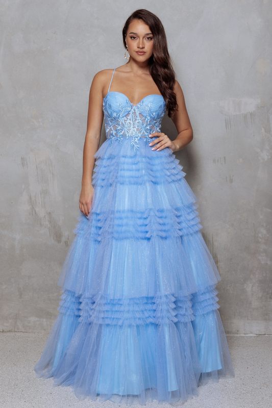 Dusty blue glitter tulle formal dress with corseted bodice and lace up back