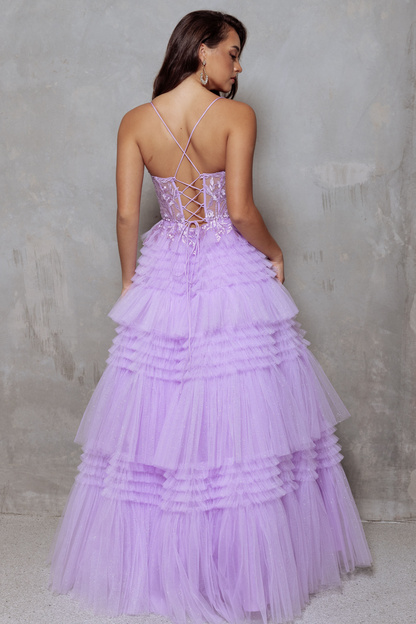 Lilac purple glitter tulle formal dress with corseted bodice and lace up back