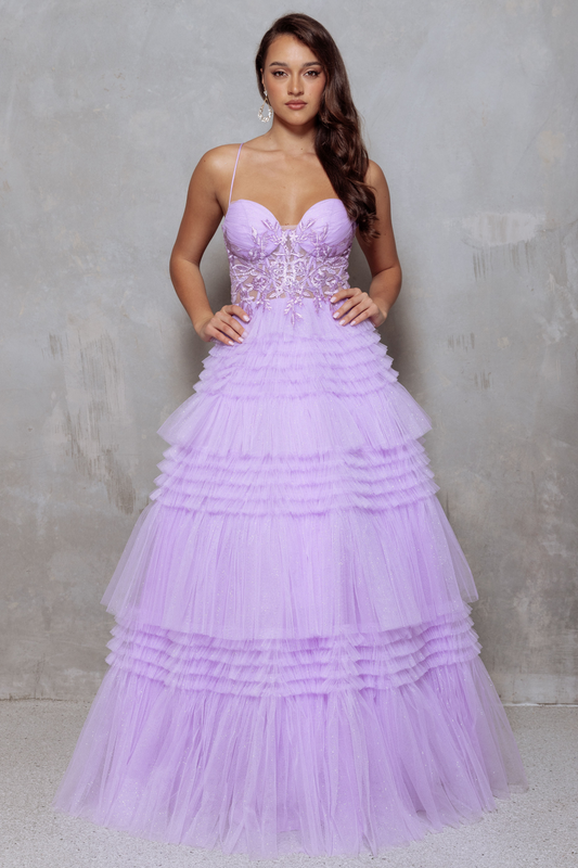Lilac purple glitter tulle formal dress with corseted bodice and lace up back