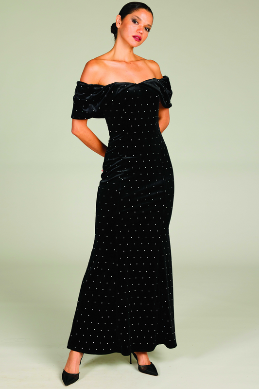 Black velour slim fit off shoulder evening dress with diamante accents 
