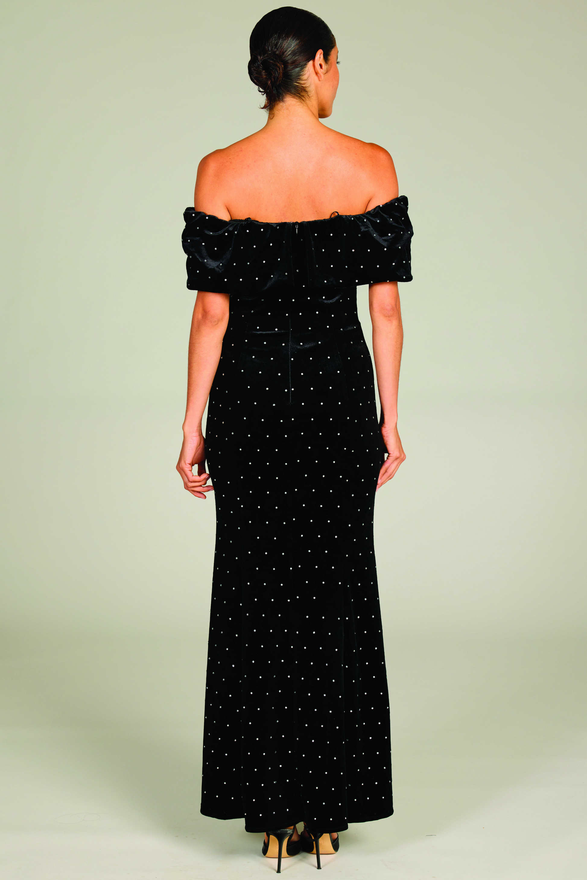 Black velour slim fit off shoulder evening dress with diamante accents 