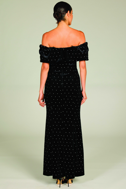 Black velour slim fit off shoulder evening dress with diamante accents 