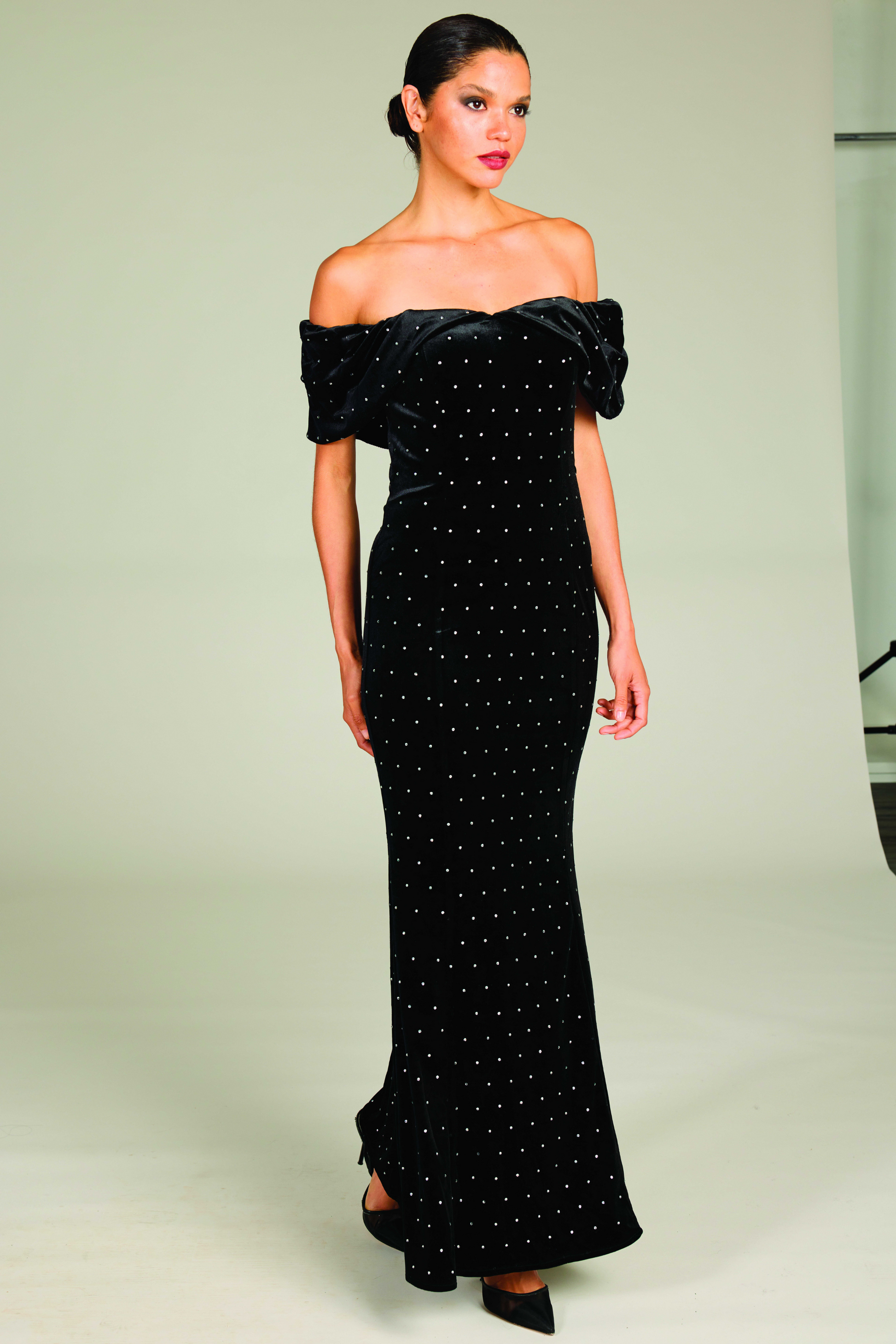 Black velour slim fit off shoulder evening dress with diamante accents 