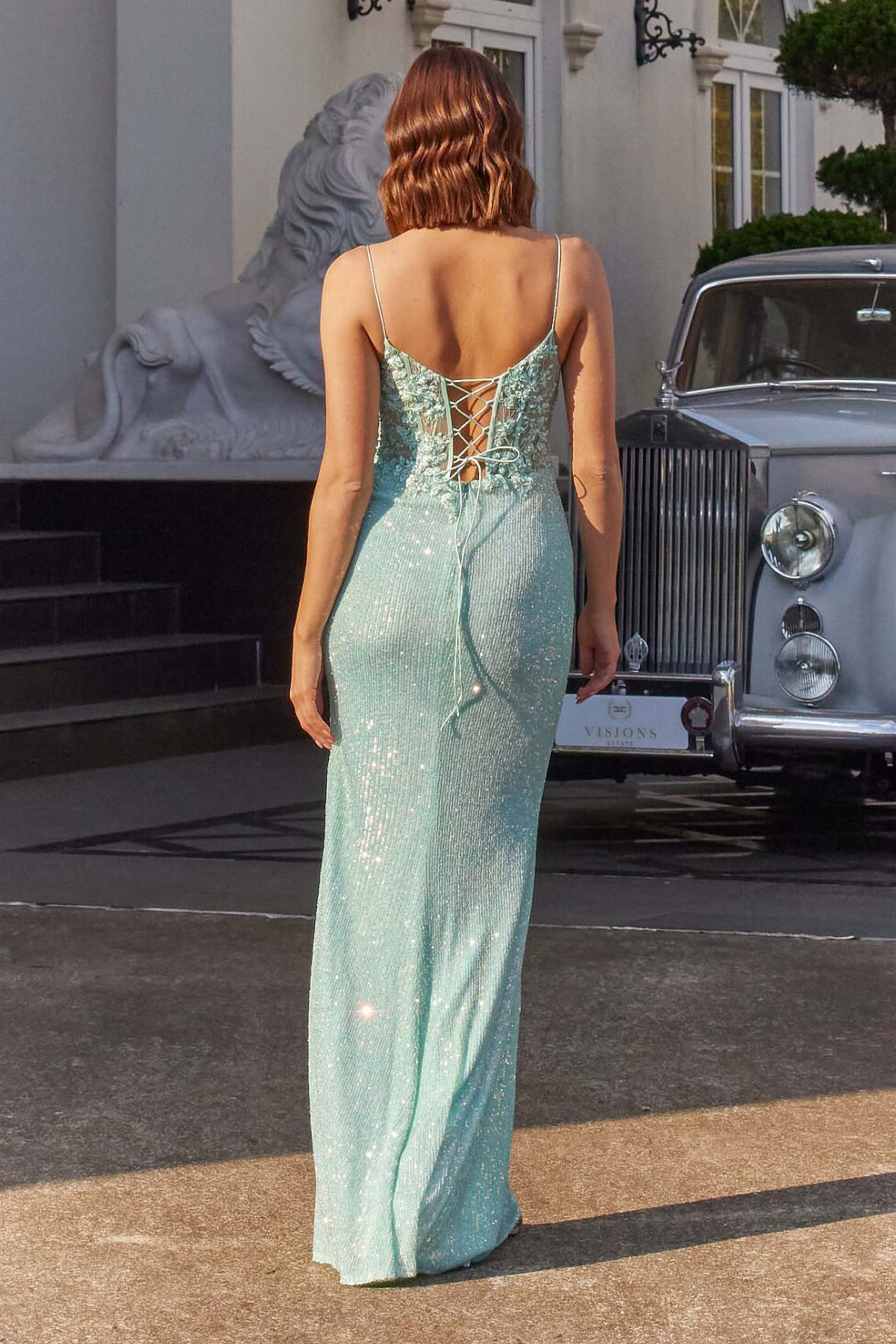 Tania Olsen slim fit lace formal dress in mint sequins and lace