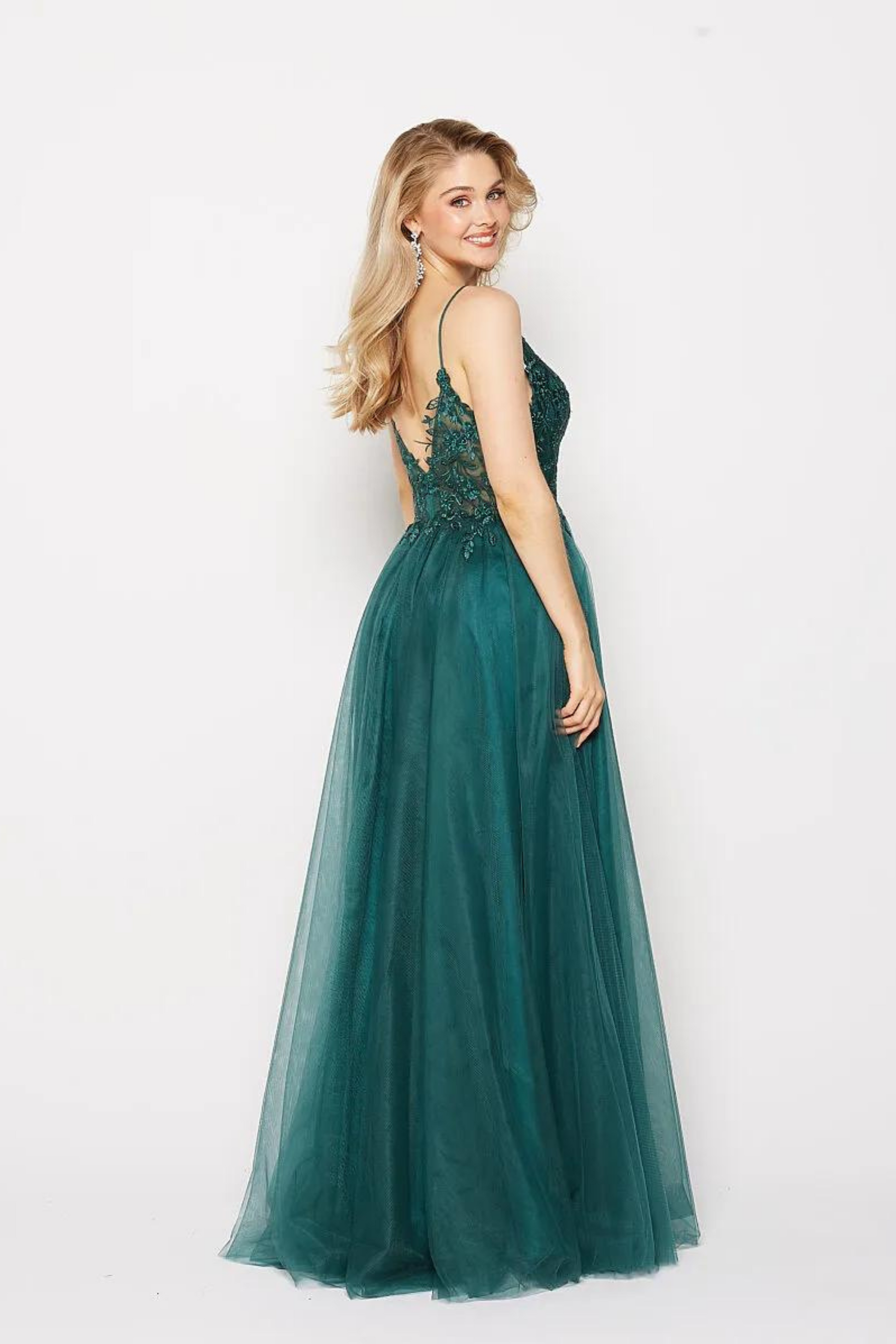 Tania Olsen A-line formal dress in emerald with embroidered bodice and tulle skirt 