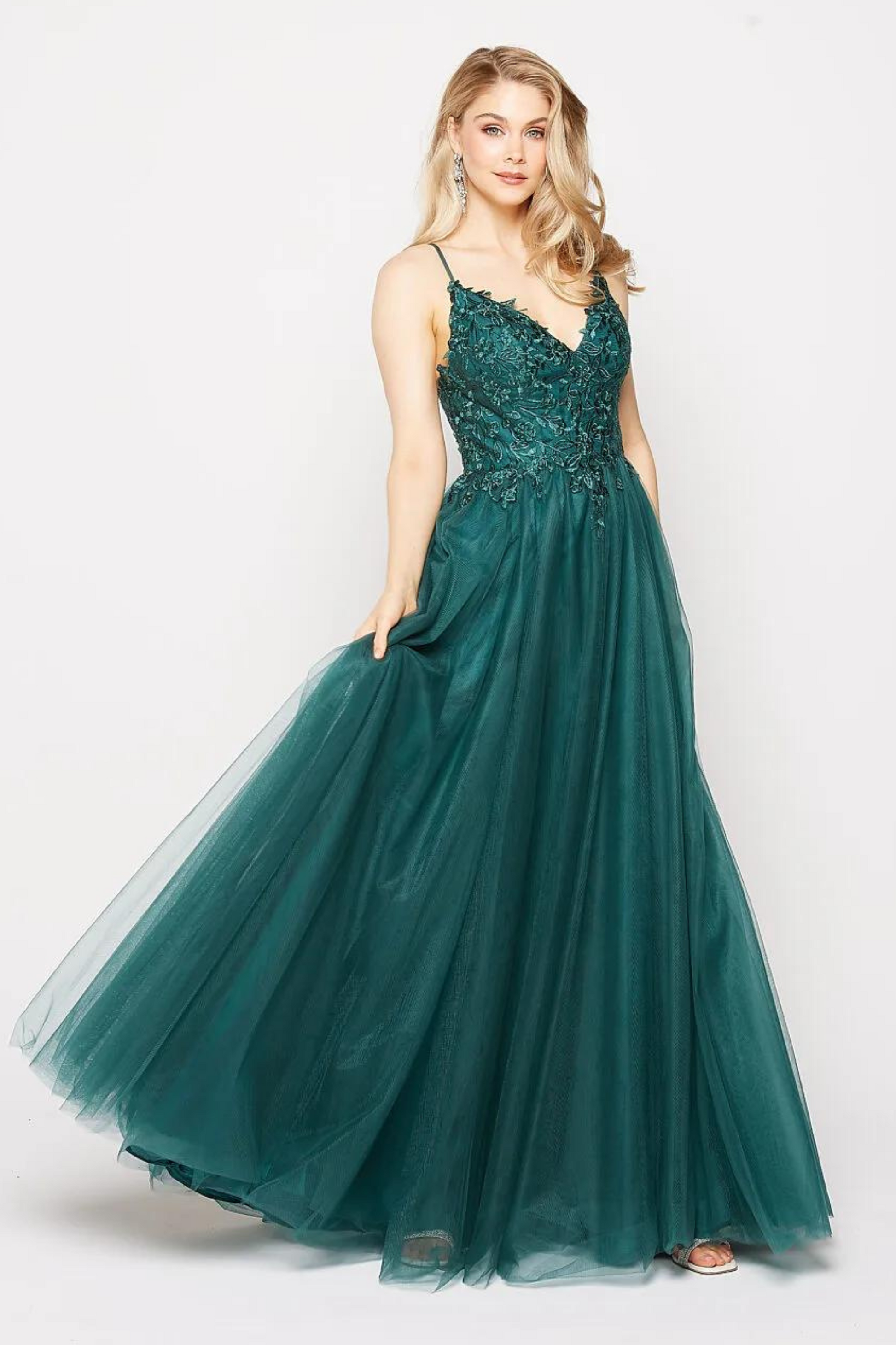 Tania Olsen A-line formal dress in emerald with embroidered bodice and tulle skirt 