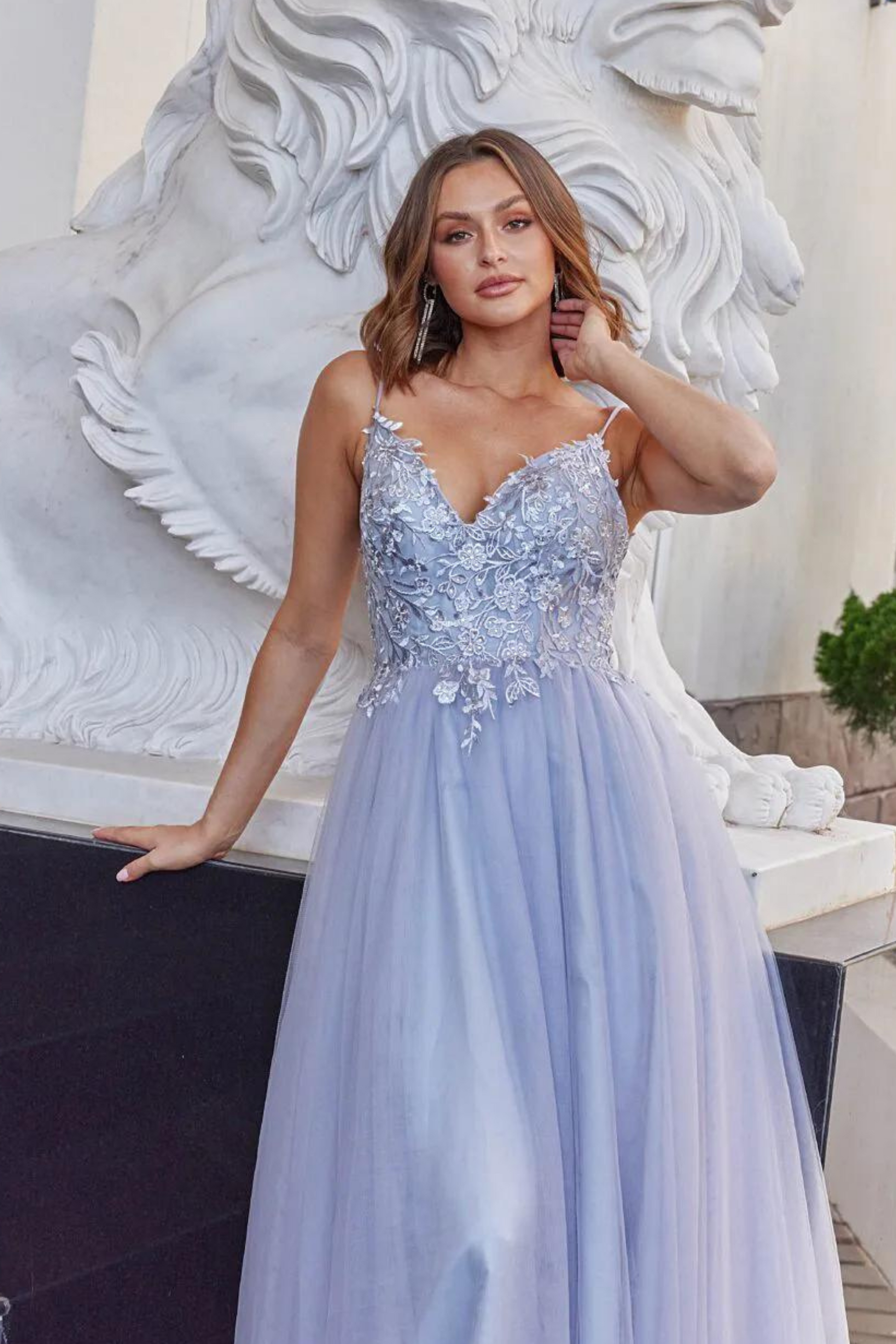 Tania Olsen A-line formal dress in lilac with embroidered bodice and tulle skirt 