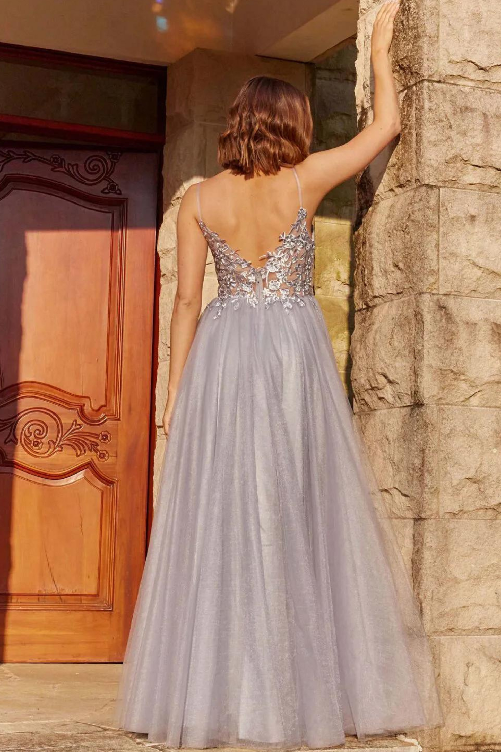 Tania Olsen A-line formal dress in Lilac with embroidered bodice and tulle skirt 