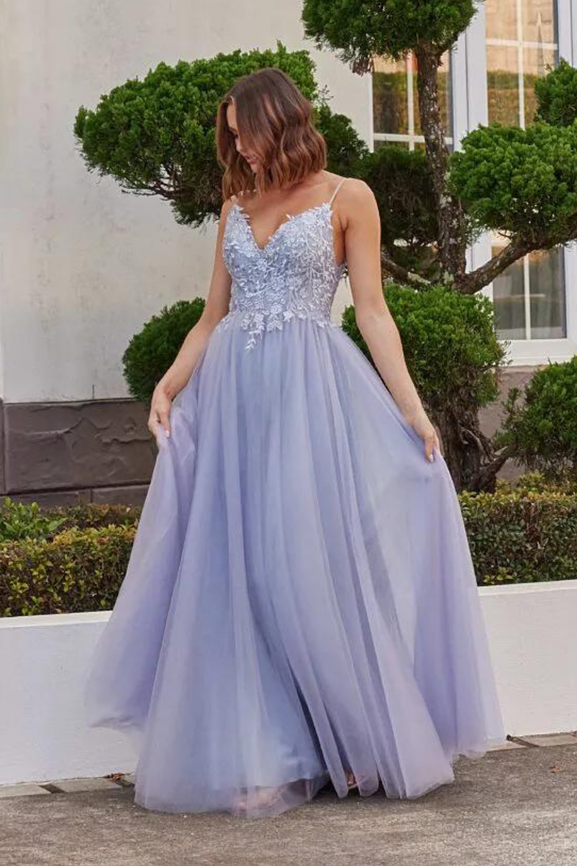 Tania Olsen A-line formal dress in lilac with embroidered bodice and tulle skirt 