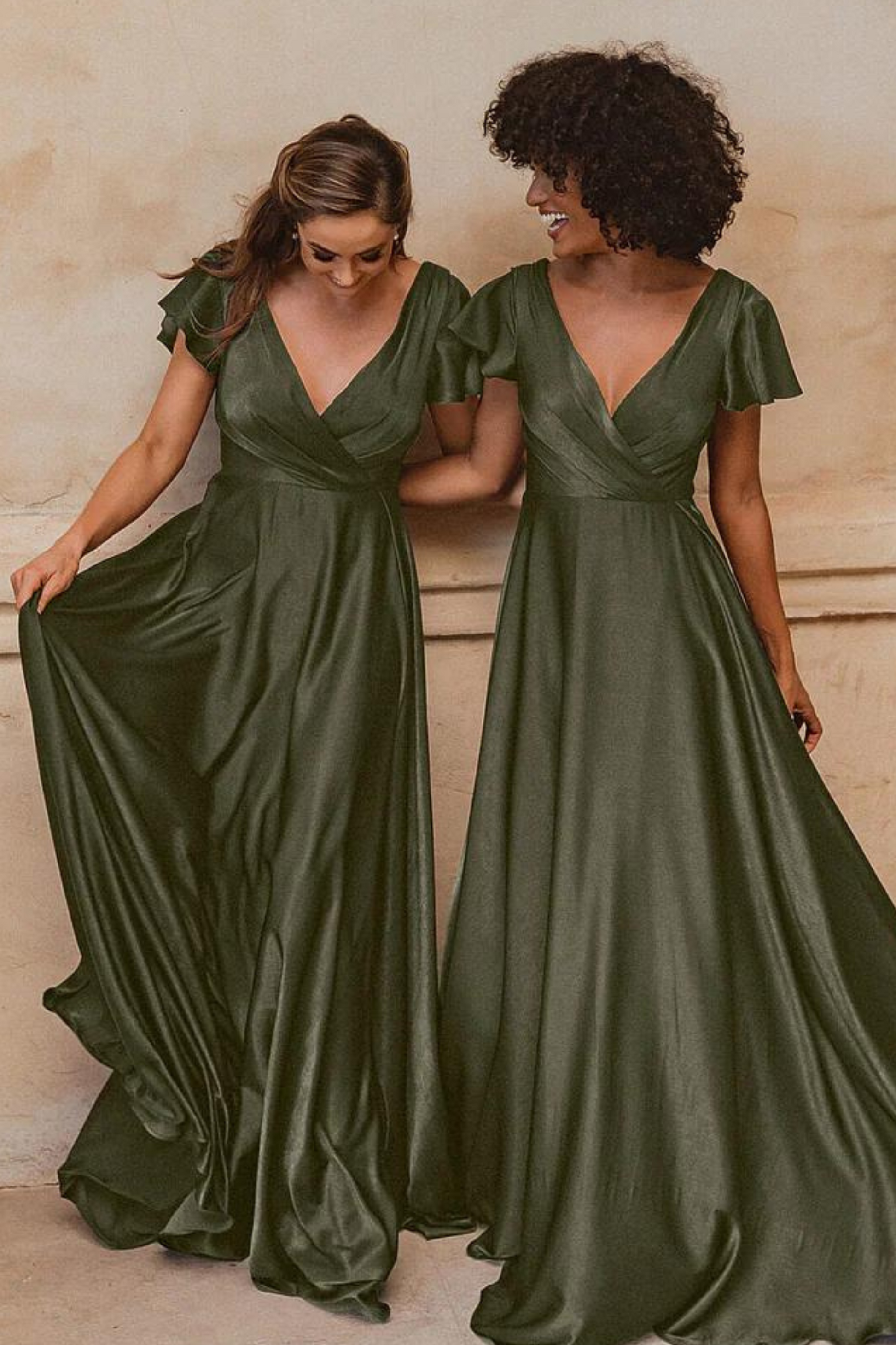 A-line olive green bridesmaids dress with V neckline and flutter sleeves