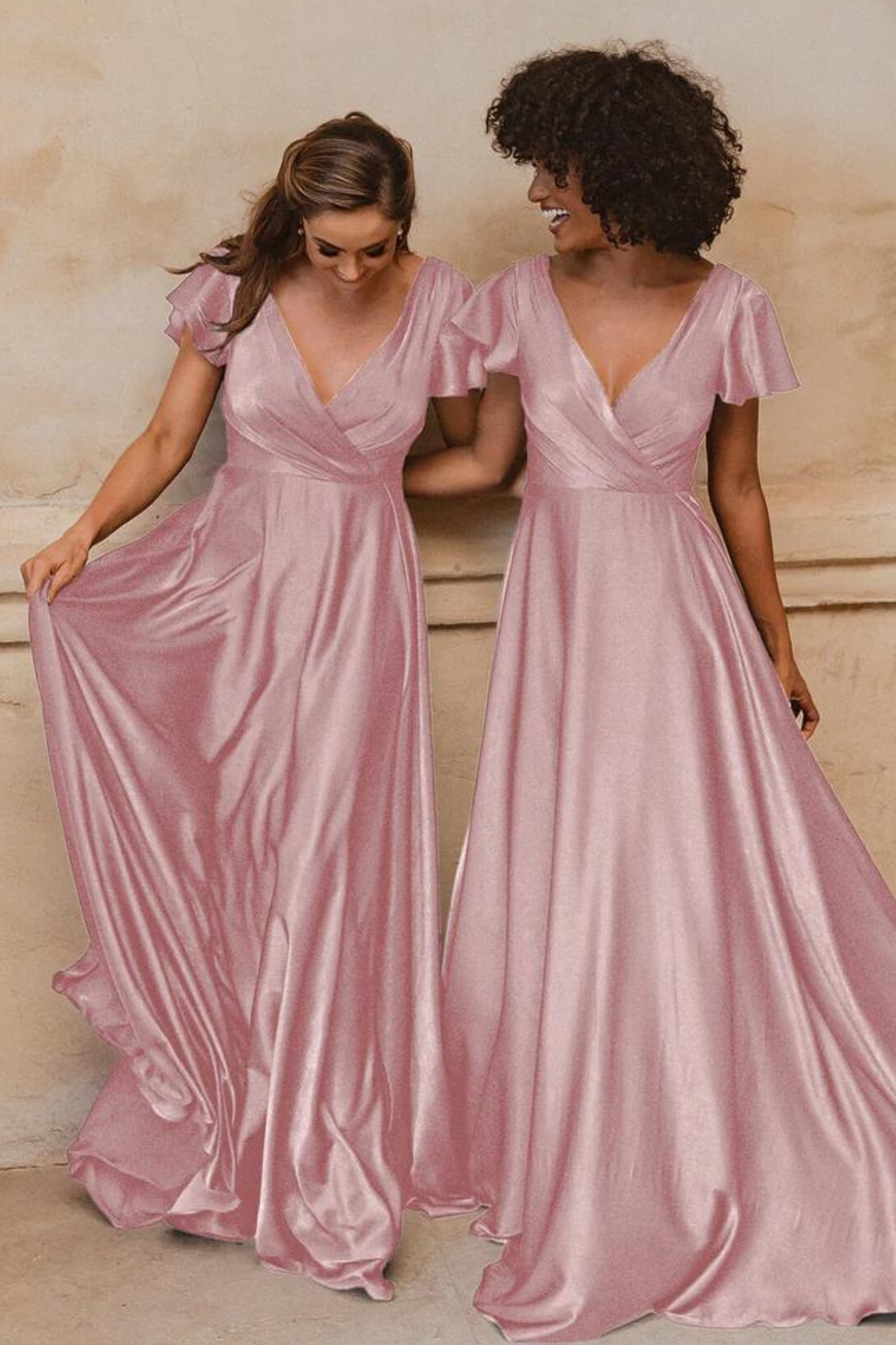 A-line rose pink satin bridesmaids dress with V neckline and flutter sleeves
