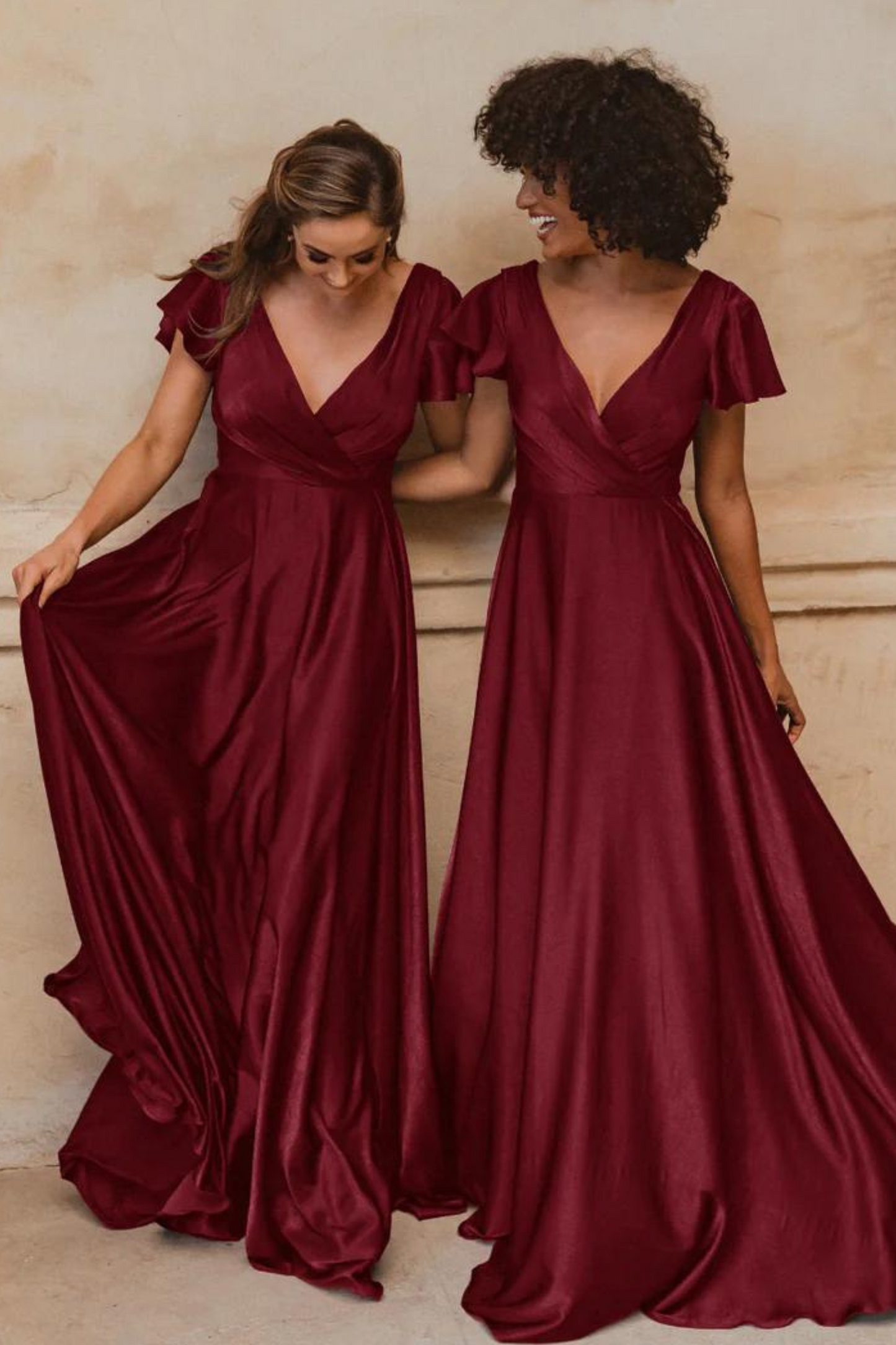 A-line wine red satin bridesmaids dress with V neckline and flutter sleeves