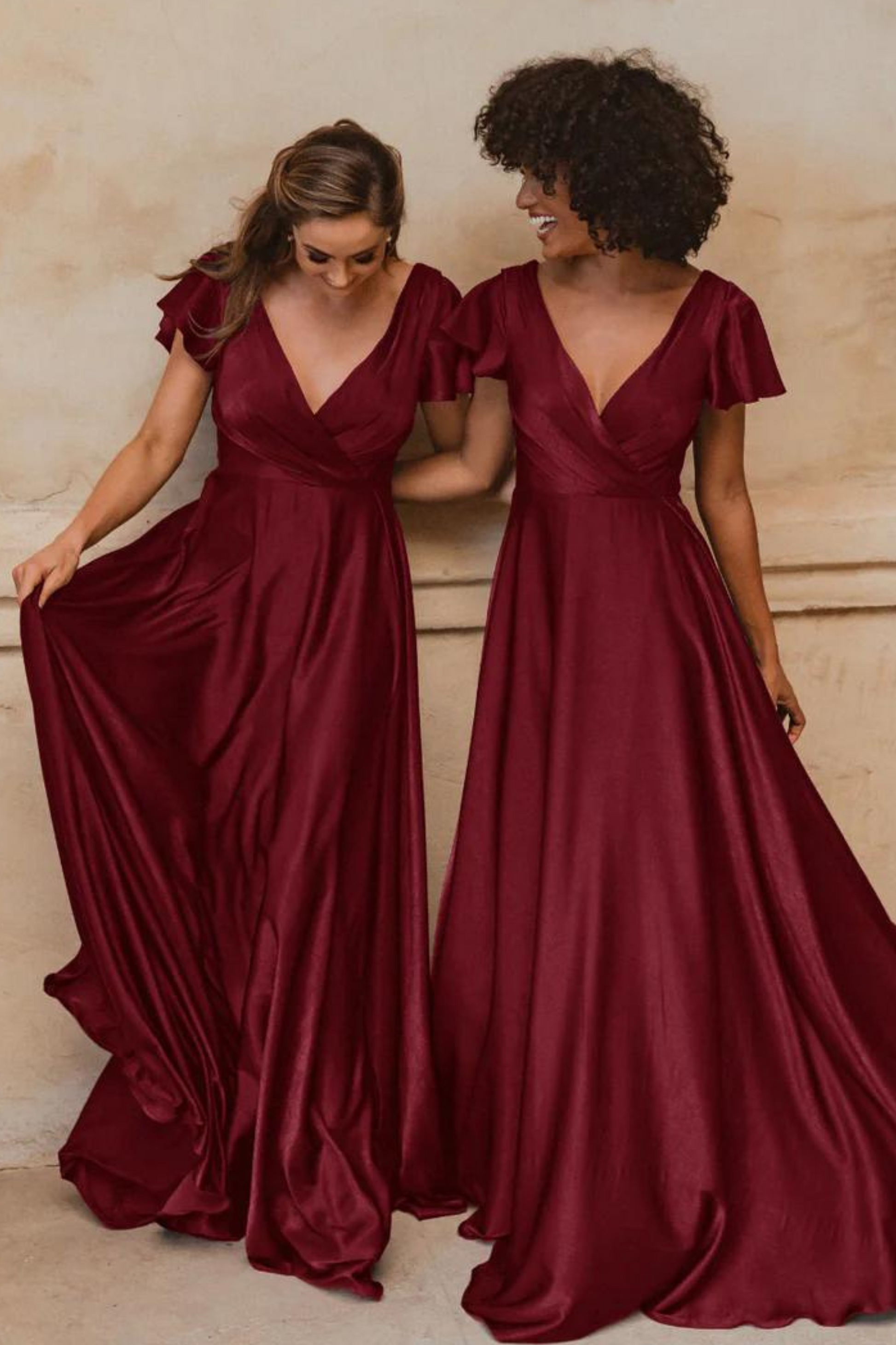 A-line wine red satin bridesmaids dress with V neckline and flutter sleeves