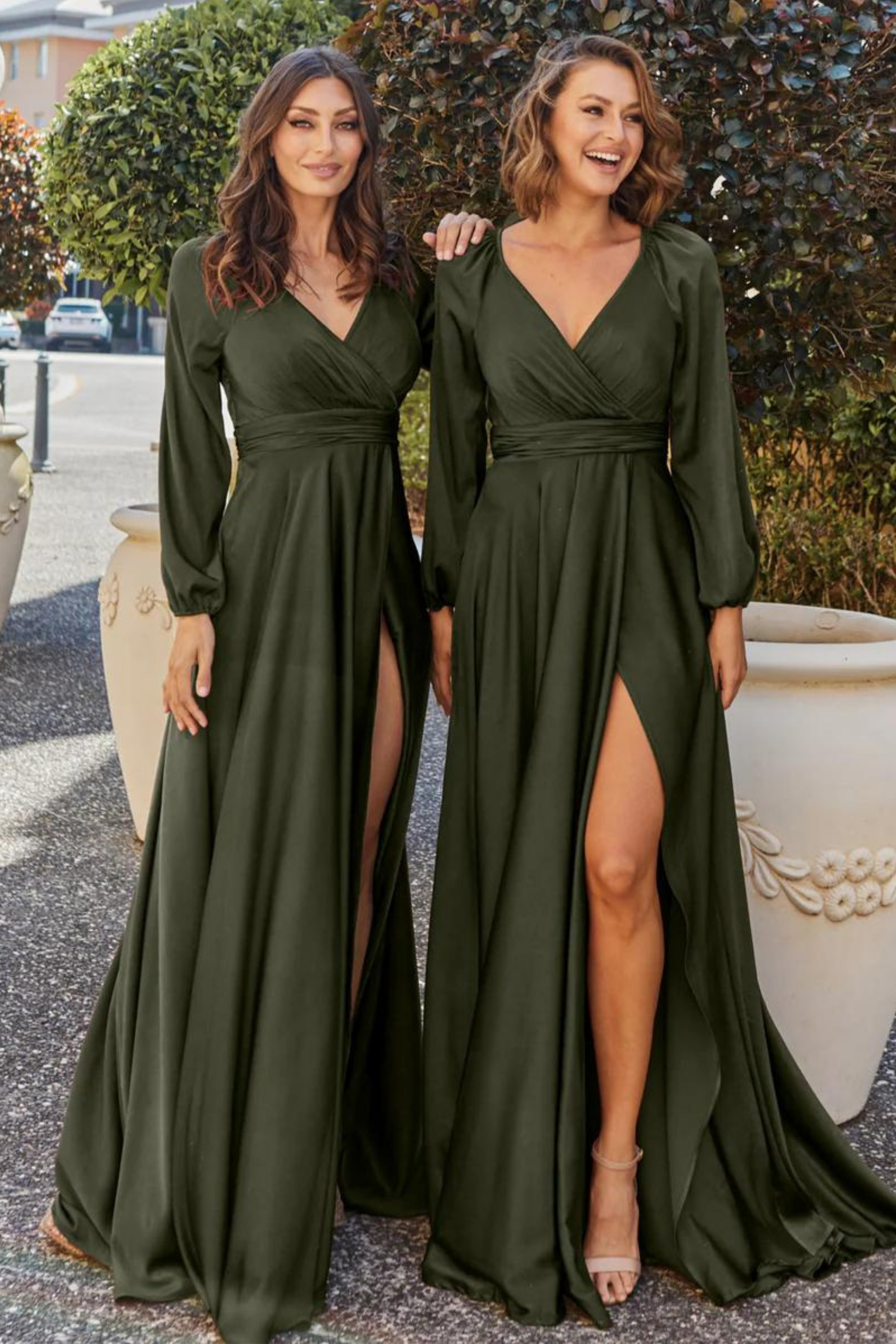 A-line olive satin bridesmaids dress with long sleeves and wrap skirt
